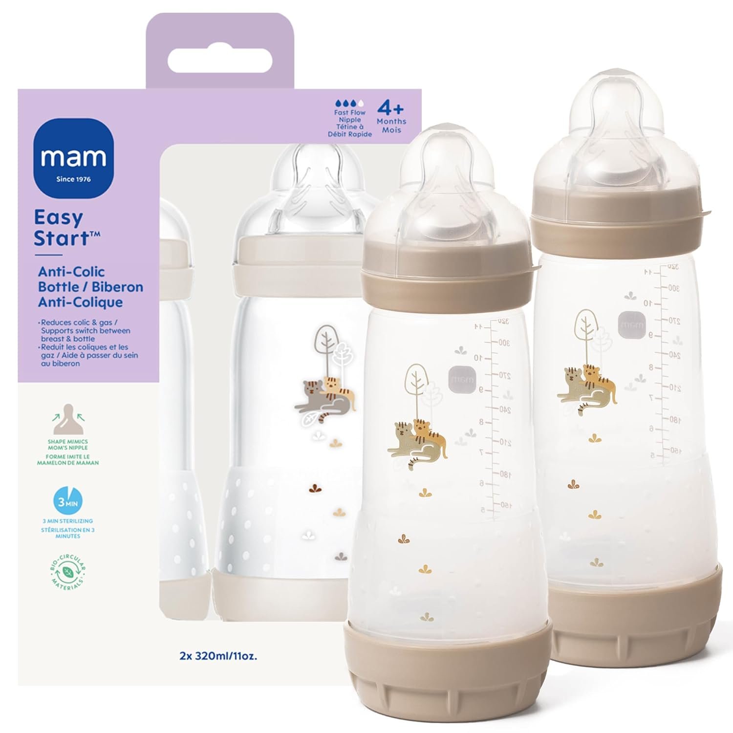 MAM 11oz Easy Start Anti-Colic+ Wide Neck Baby Bottle, Fast Flow Breastfeeding-Like Nipple, Reduces Colic Gas & Reflux, Easy to Clean, BPA Free, 4+ Months, Made in Europe, 2 Pack, Unisex