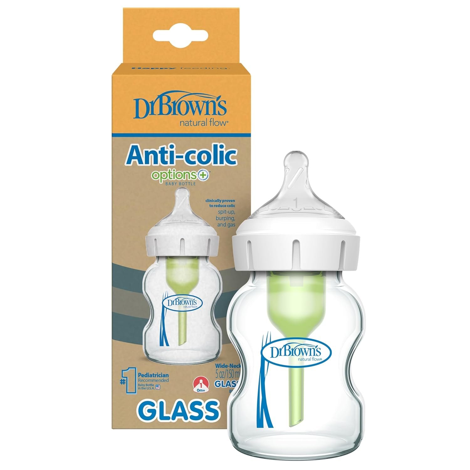 Dr. Brown’s Natural Flow Anti-Colic Options+ Wide-Neck Glass Baby Bottle 5 oz/150 mL, with Level 1 Slow Flow Nipple, 1 Pack, 0m+