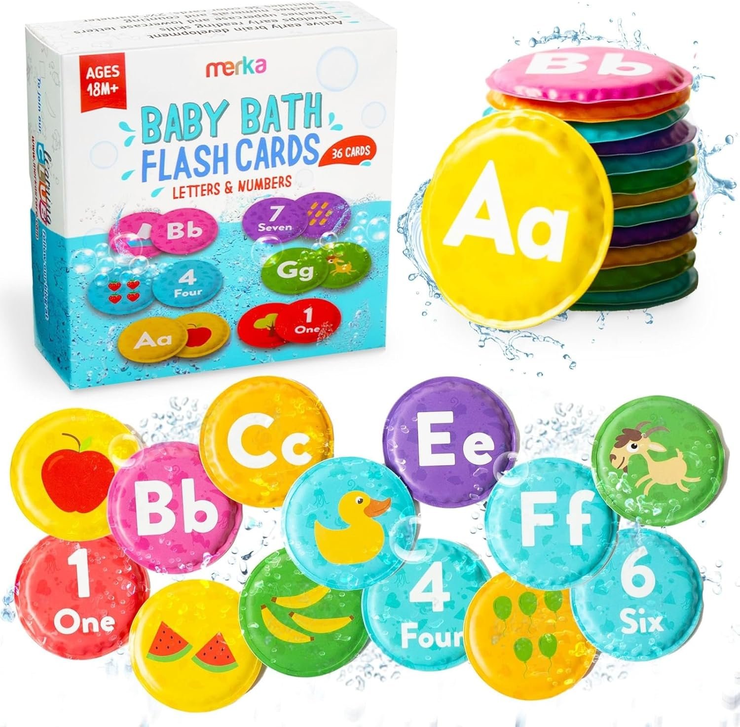 merka Bath Toys Flash Cards – 36-Pc Multicolor 2.25-Inch Foam Alphabet & Number Cards – Waterproof Bath Time Toddler Learning Toys for Ages 1-3