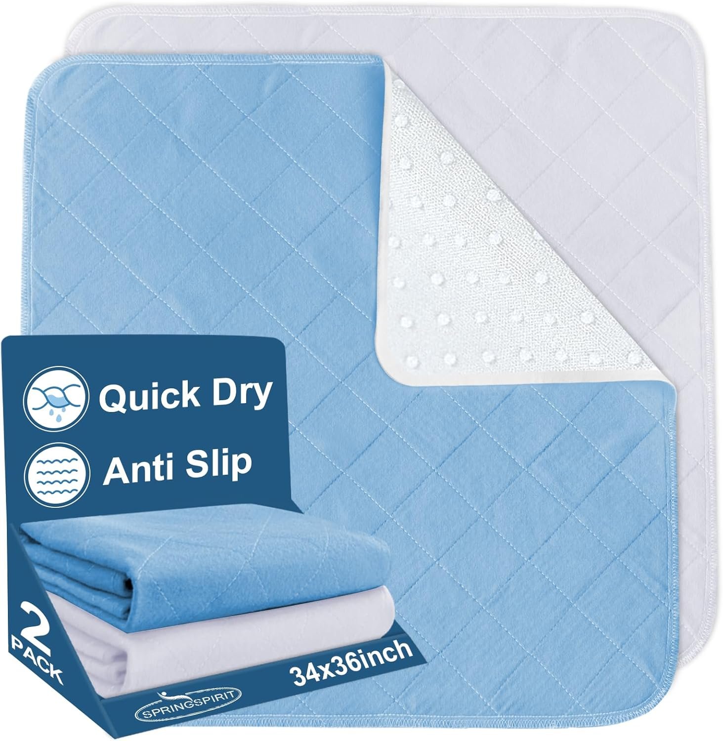 Bed Pads Washable Waterproof 34″ x 36″, 2 Pack Reusable Chuck Pads Incontinence Underpads Sheet Protector, Pee Pads for Adults, Elderly, Kids, Toddler and Pets, White and Blue