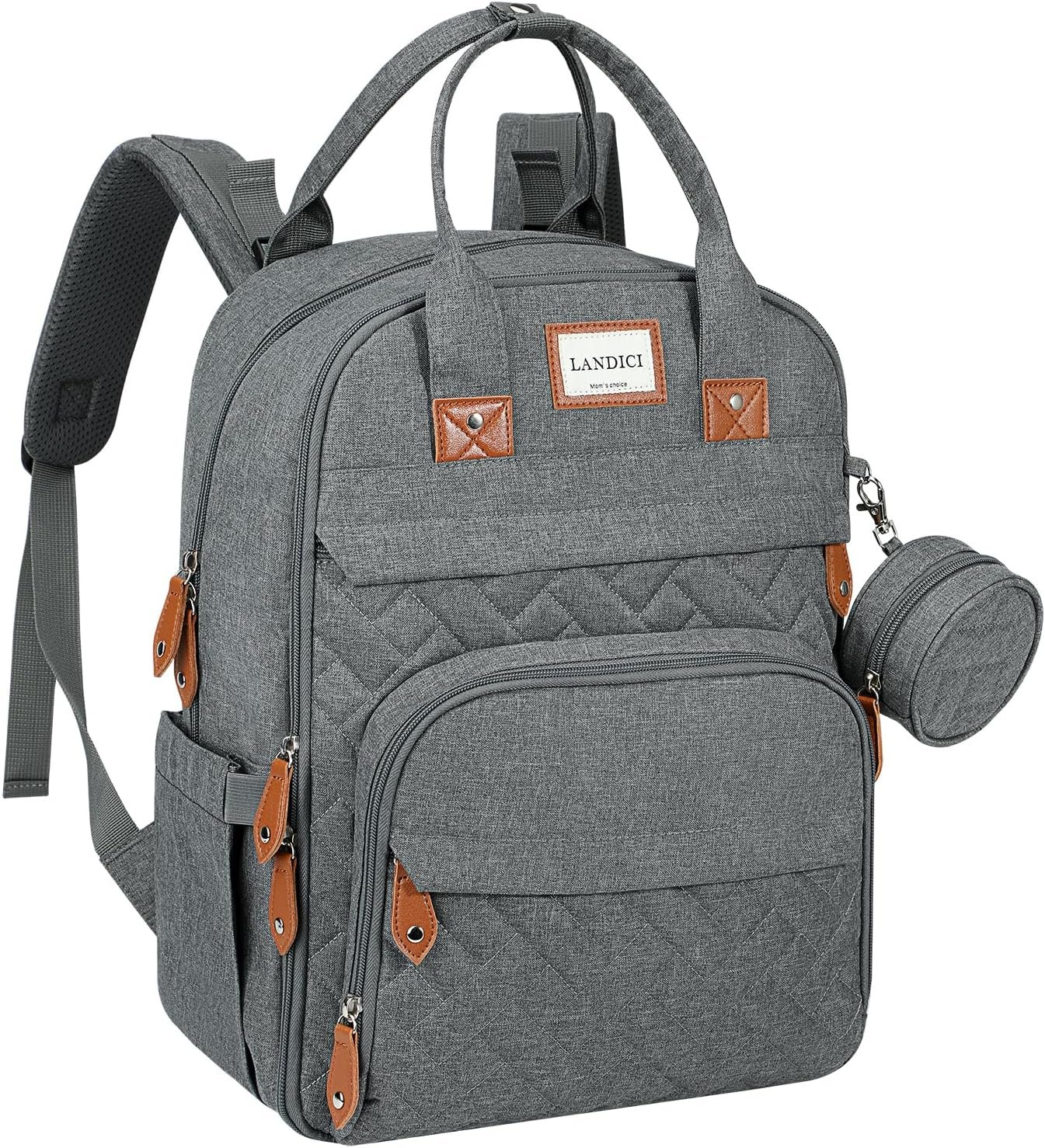 LANDICI Diaper Bag Backpack, Multifunction Baby Diaper Bags with Changing Pad, Stroller Straps & Pacifier Case, Travel Essentials Back Pack for Mom Dad Boy Girl, Large Capacity, Waterproof, Grey