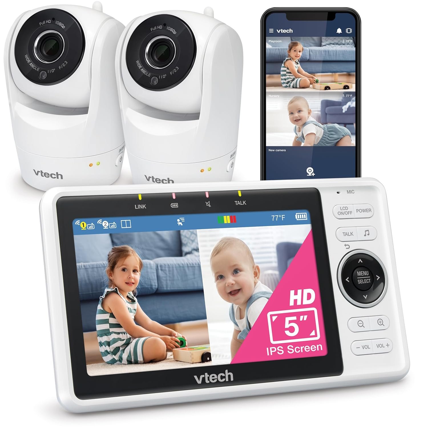 VTech WiFi Baby Monitor with 2 Cameras & 5″ HD Split Screen – 1080p Video, Remote Pan Tilt Zoom, Night Vision, Two-Way Talk, Motion Alerts, Free App | VM901-2HD