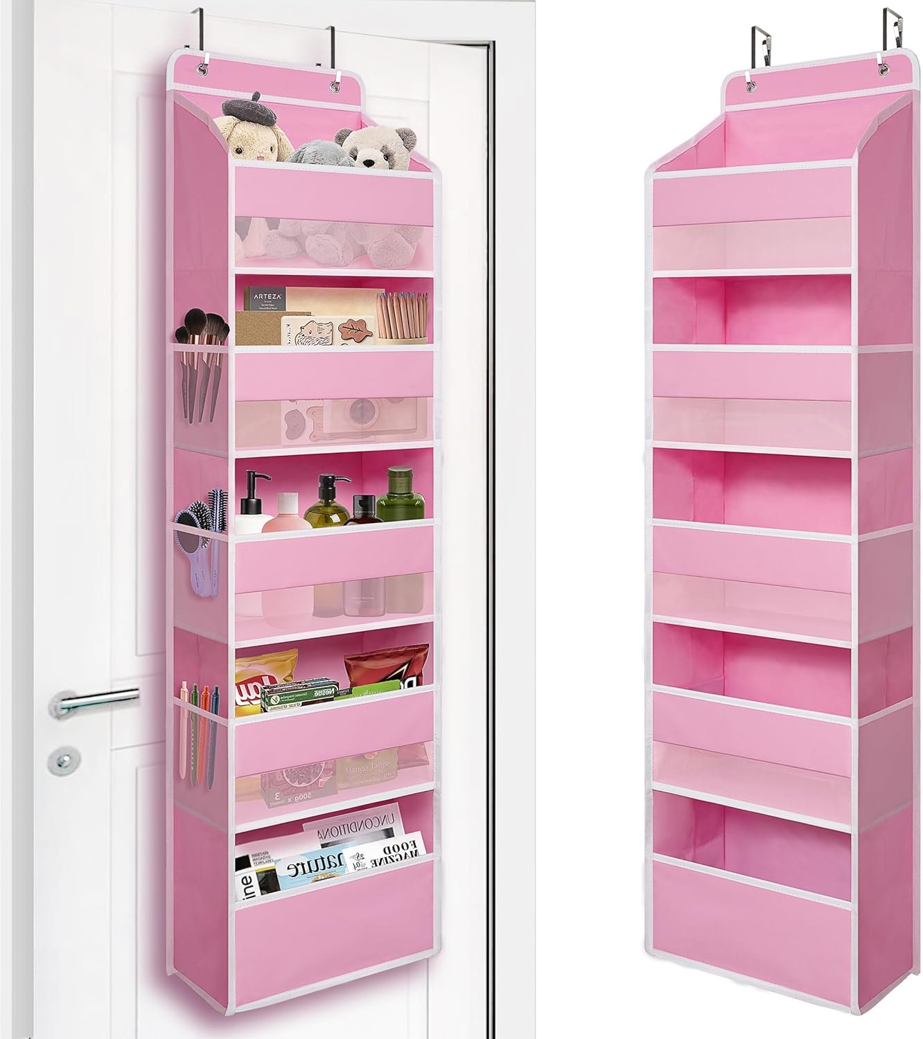 TYMENSH Over Door Organizer with 5 Large Pockets, Heavy Duty Hanging Organizer Storage, Closet Bathroom Nursery Bedroom Dorm, Toys Cosmetics Sundries and Baby Essentials, Pink