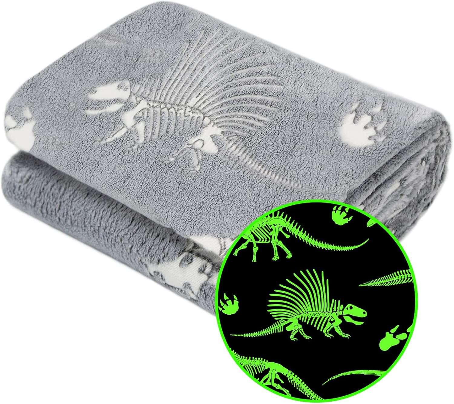 Glow in The Dark Blanket Dinosaur Throw Blanket for Boys Kids Soft Warm Cozy Cute Dino Blanket Unique Dinosaurs Toys Gifts Gray Glowing Dinosaur Room Decor Blankets for Girls Teens 50″x60″