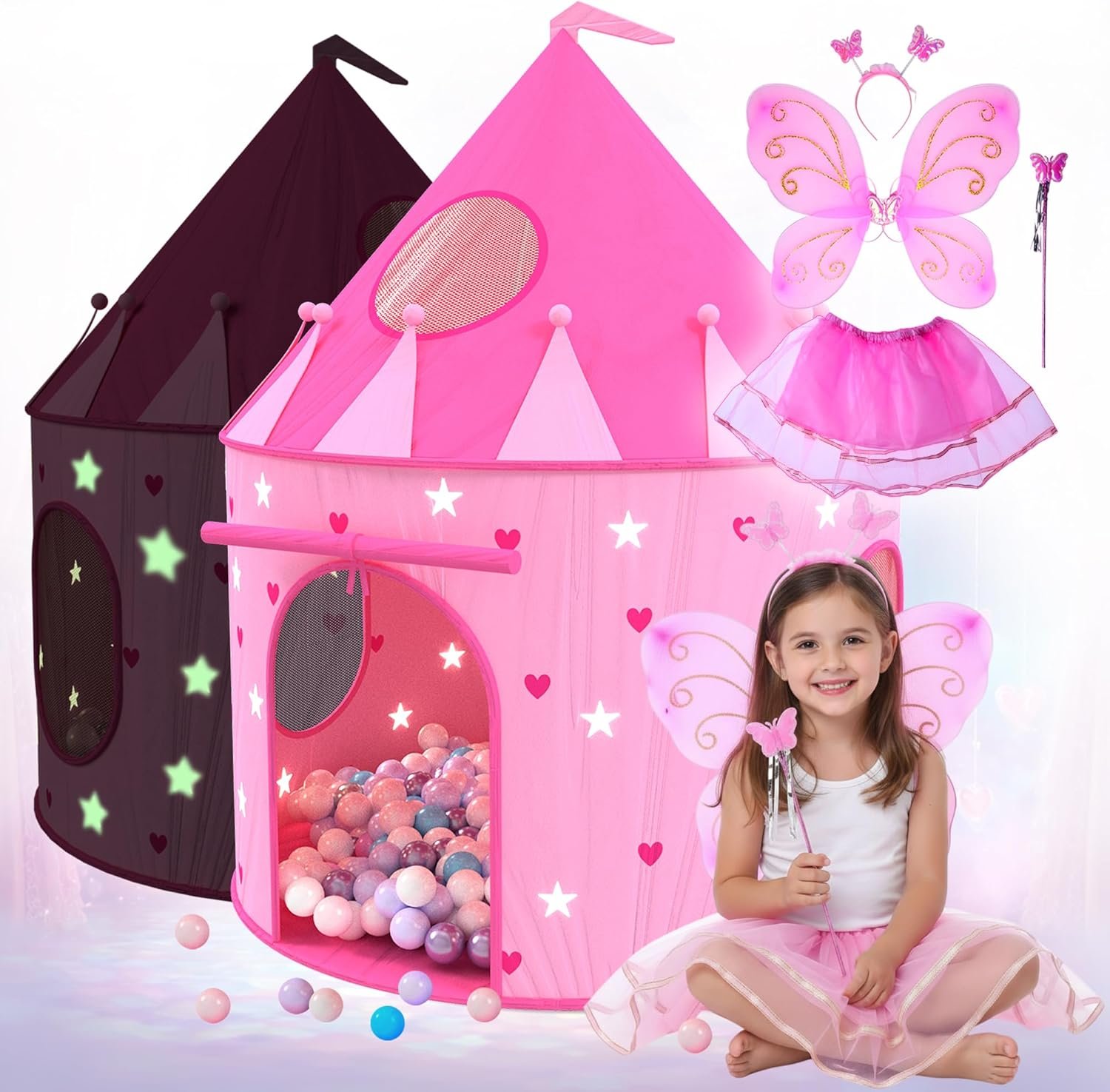 Playz Princess Castle Pop Up Tent & Dress Up Set – Kids Pink Playhouse Tent for Girls with Glow in The Dark Stars, Foldable Indoor Outdoor Toddler or Baby Girl Tent with Carrying Case