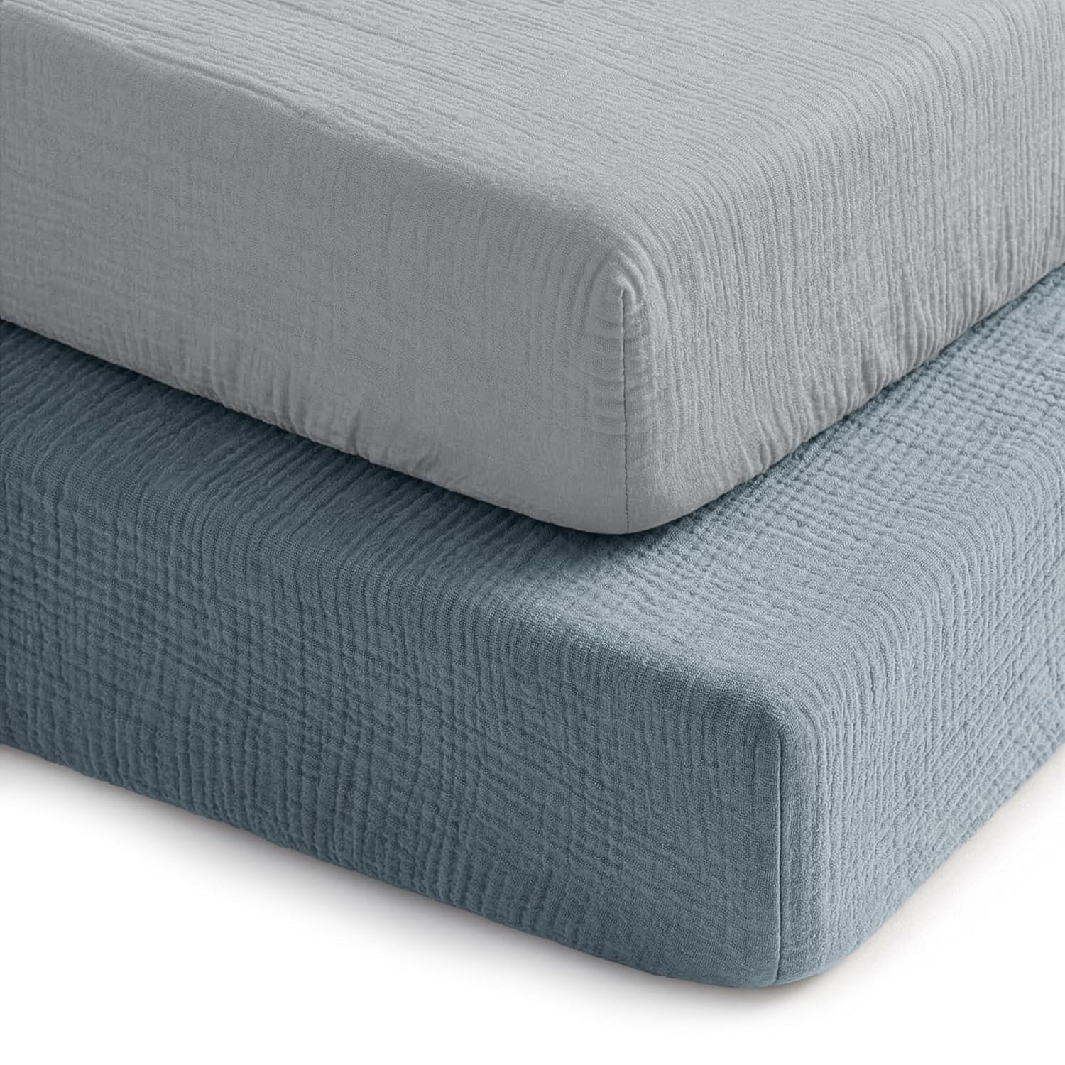 Comfy Cubs 100% Muslin Crib Fitted Sheet 2 Pack, Pacific Blue and Heather – 100% Cotton, Soft & Breathable Crib Sheets for Toddler Mattress – Snug Fit, Secure Elastic with Beautiful Packaging