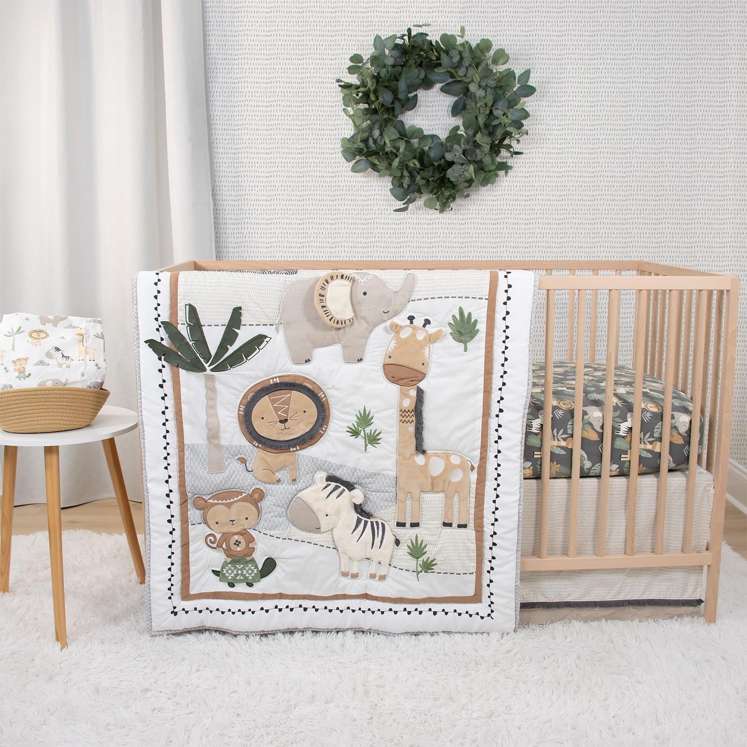 The Peanutshell 4 Piece Organic Cotton Baby Crib Bedding Set for Boys & Girls – Newborn, Infant & Toddler Nursery Bed Set Decor with Two Crib Sheets, Dust Ruffle Comforter – Safari Serenity