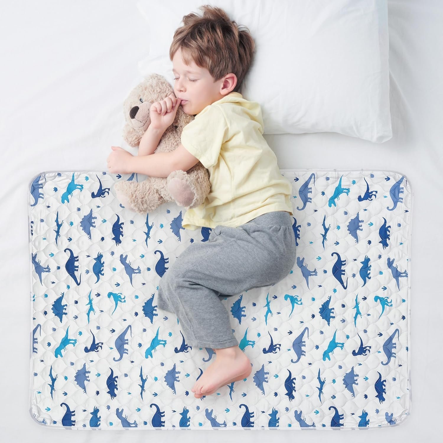 Organic Incontinence Pads for Kids & Toddlers – 5 Layer Waterproof Protectors for Overnight Bed Wetting – Reusable & Washable Pee Pads – Fits Twin to Full Size Beds – 34″ x 52″ Dinosaur
