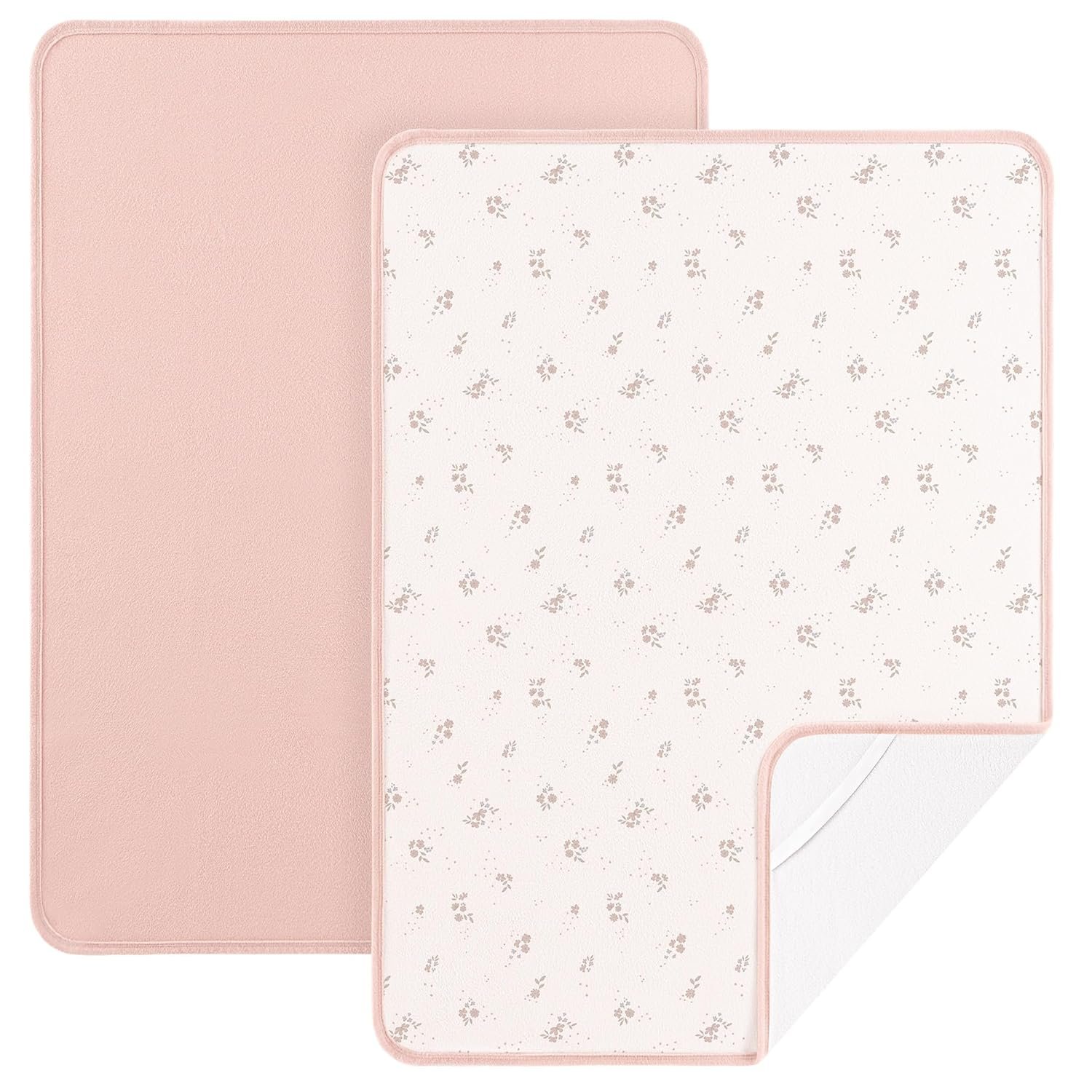 Susurration Baby Changing Pad Travel Changing Pad 2 Pack, 35 * 29.5 inch Portable Diaper Changing Pad Travel, Waterproof Changing Mat Diaper Bag Essentials – Pink&Flower
