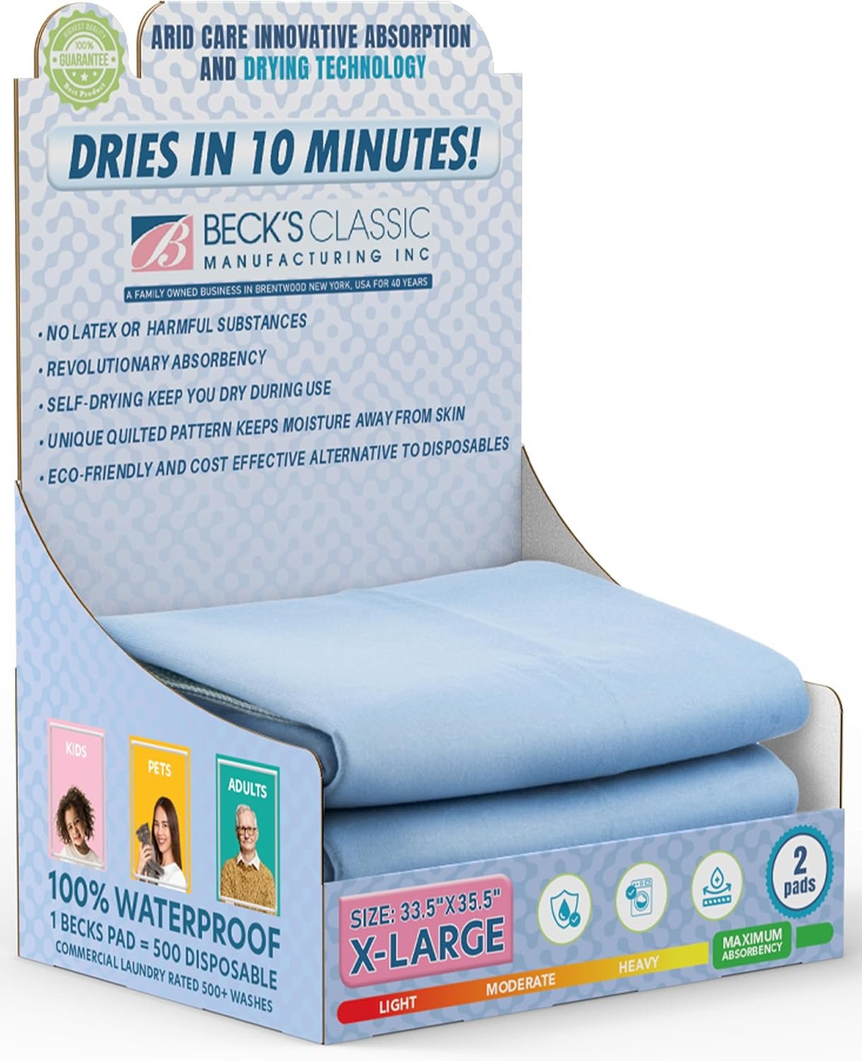 Beck’s Classic Washable Underpads, 34 x 36 (2 Pack) – Heavy Absorbency Reusable Bedwetting Incontinence Pads for Kids, Adults, Elderly, Cats or Dogs- Waterproof Pad for Bed, Couch, Sofa, Floor
