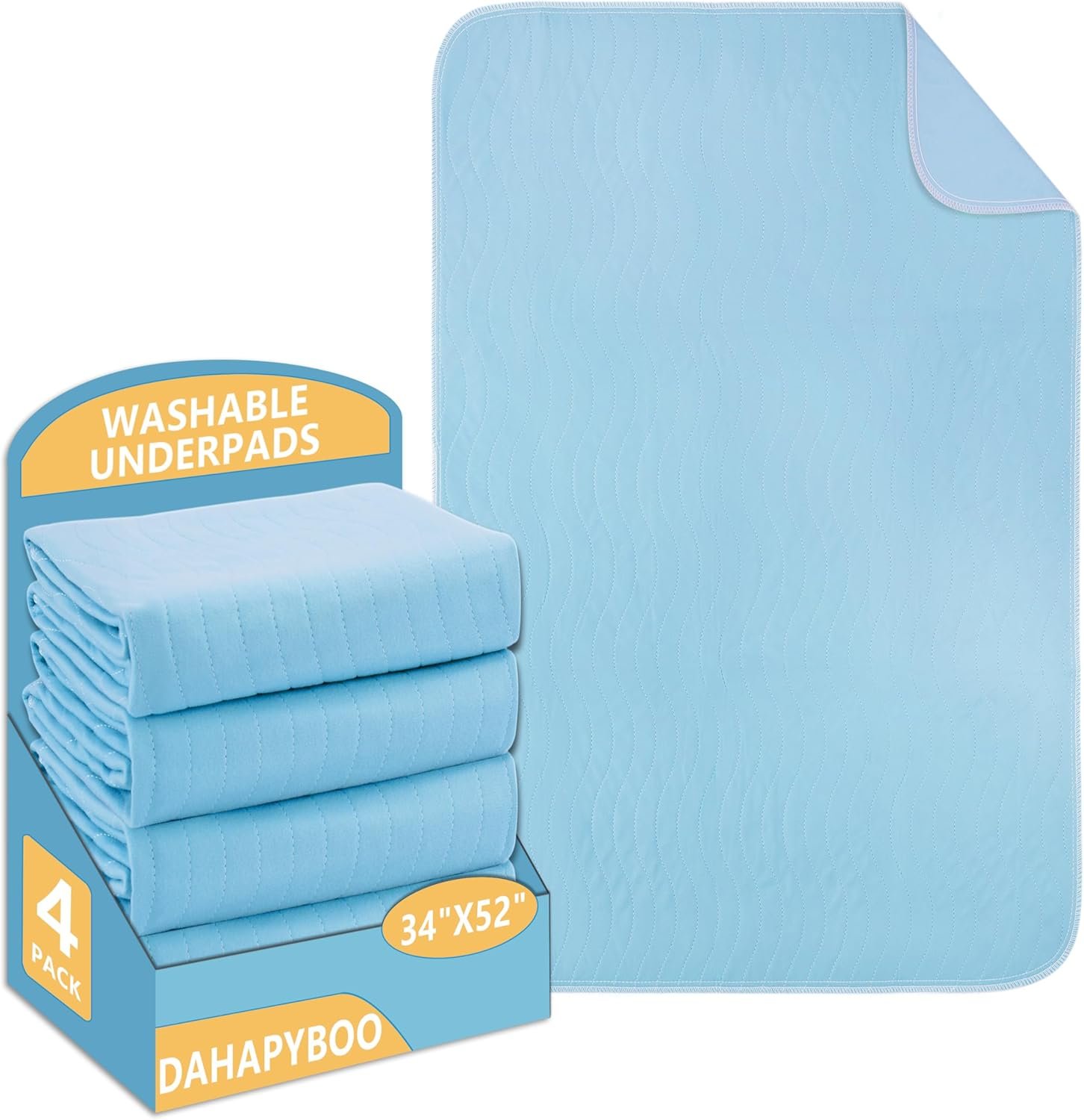 DAHAPYBOO Washable Underpads, 34″x52″ 4 Pack Incontinence Bed Pads, Heavy Absorbency Reusable for Elderly, Kids, Adults and Pets, Waterproof Quick Drying for Bed, Sofa, Floor