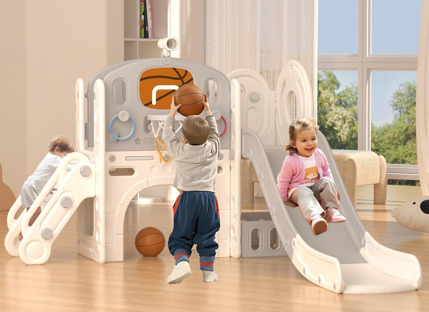 XJD 8 in 1 Toddler Slide Set, Kids Slide for Toddlers Age 1+, Climber Slide PlaySet with Basketball Hoop and Ball,Outdoor Indoor Playground for Toddlers 1-3 (Beige Grey, 8 in 1)