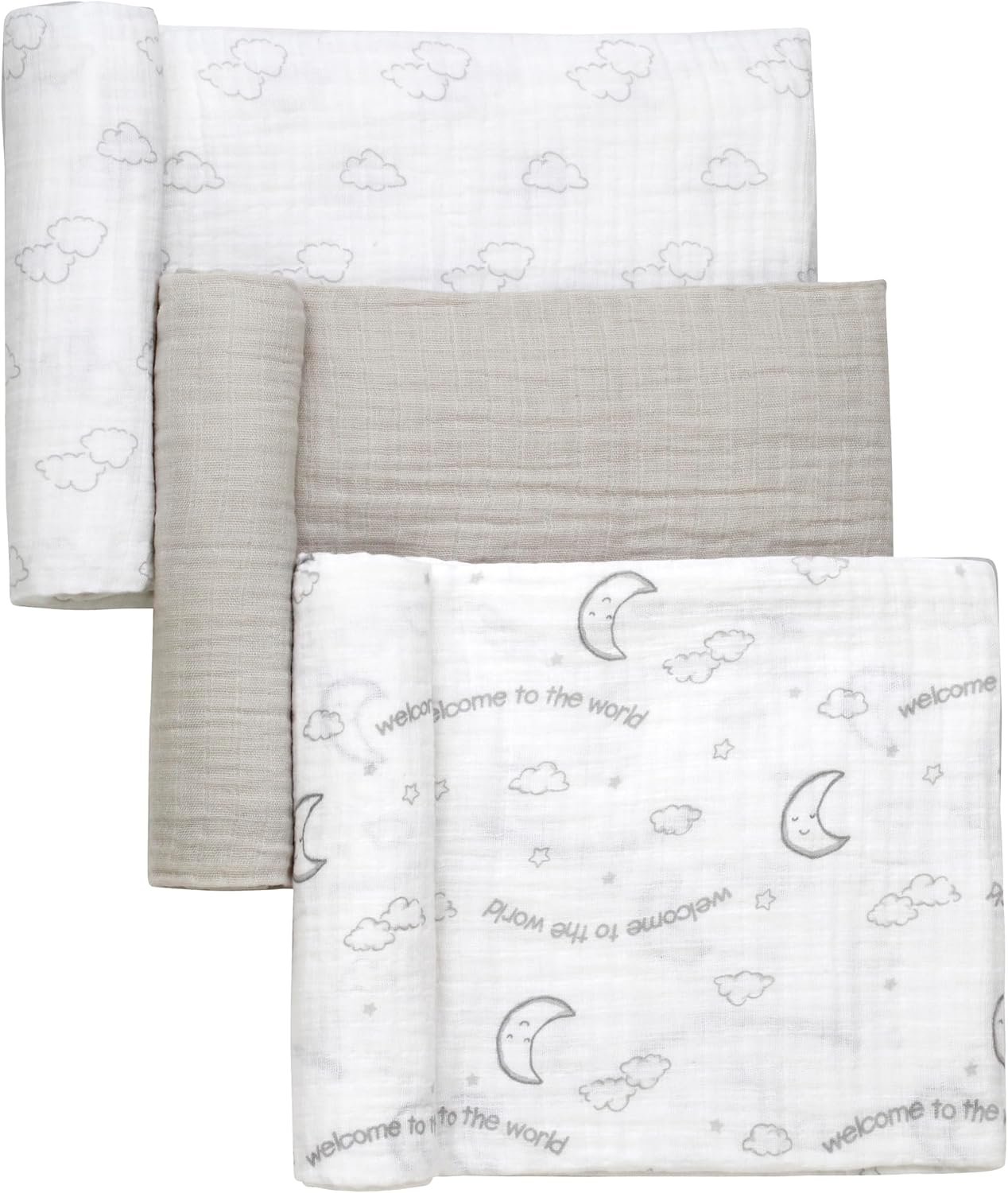 3 Pack Cotton Muslin Swaddle Blankets for Baby, 40″ x 36″, Lightweight, Breathable, Grey, (Welcome to The World Moon and Stars)