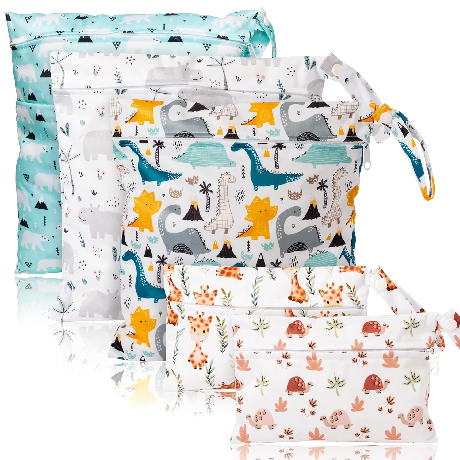 R HORSE 5Pcs Waterproof Reusable Diaper Baby Cloth Wet Dry Bags with 2 Zippered Pockets Travel Beach Pool Bag with Polar Bear Dinosaur Animal Alphabet Crocodile Pattern (3 Sizes)