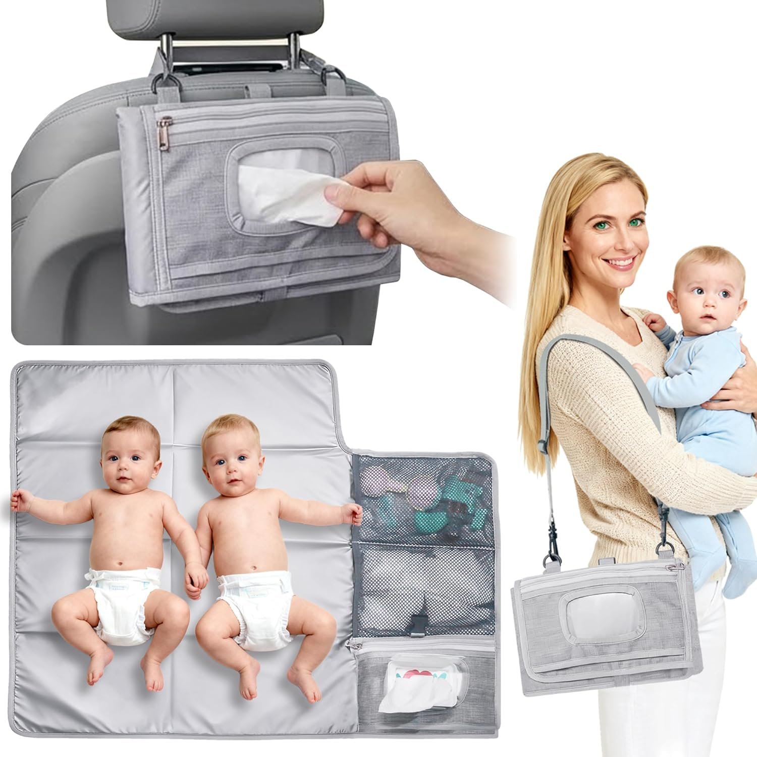 Large Portable Diaper Changing Pad – Waterproof Foldable Baby Travel Changing Mat with Storage Pockets & Wipes Bag, Lightweight, One-Hand Fold, Crossbody Strap for Parents,Infant Travel Station Kit