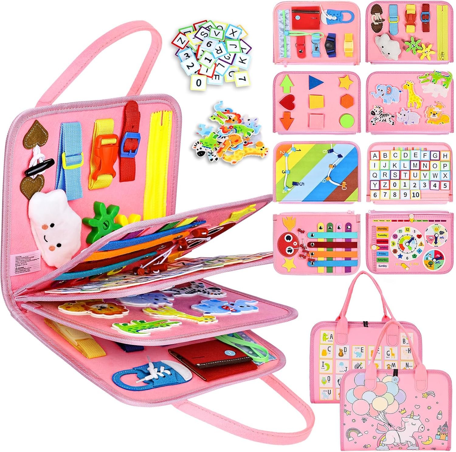 Esjay Toddler Busy Board Montessori Toys for Girls, Sensory Book Educational Activities for Learning Fine Motor Skills, Birthday Gifts for Girls Toddlers, Travel Toys for Airplane Car, Fairy Horse