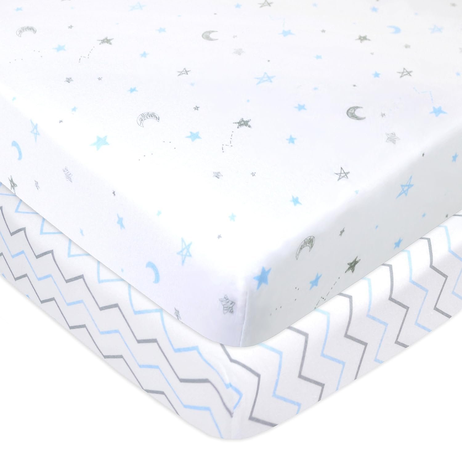 American Baby Company 2 Pack 100% Natural Cotton Fitted Pack and Play Sheets 39″ x 27″ – Soft & Breathable Pack N Play Sheets for Playard & Mini Crib Mattress, Blue Stars/Zigzag, for Boys & Girls