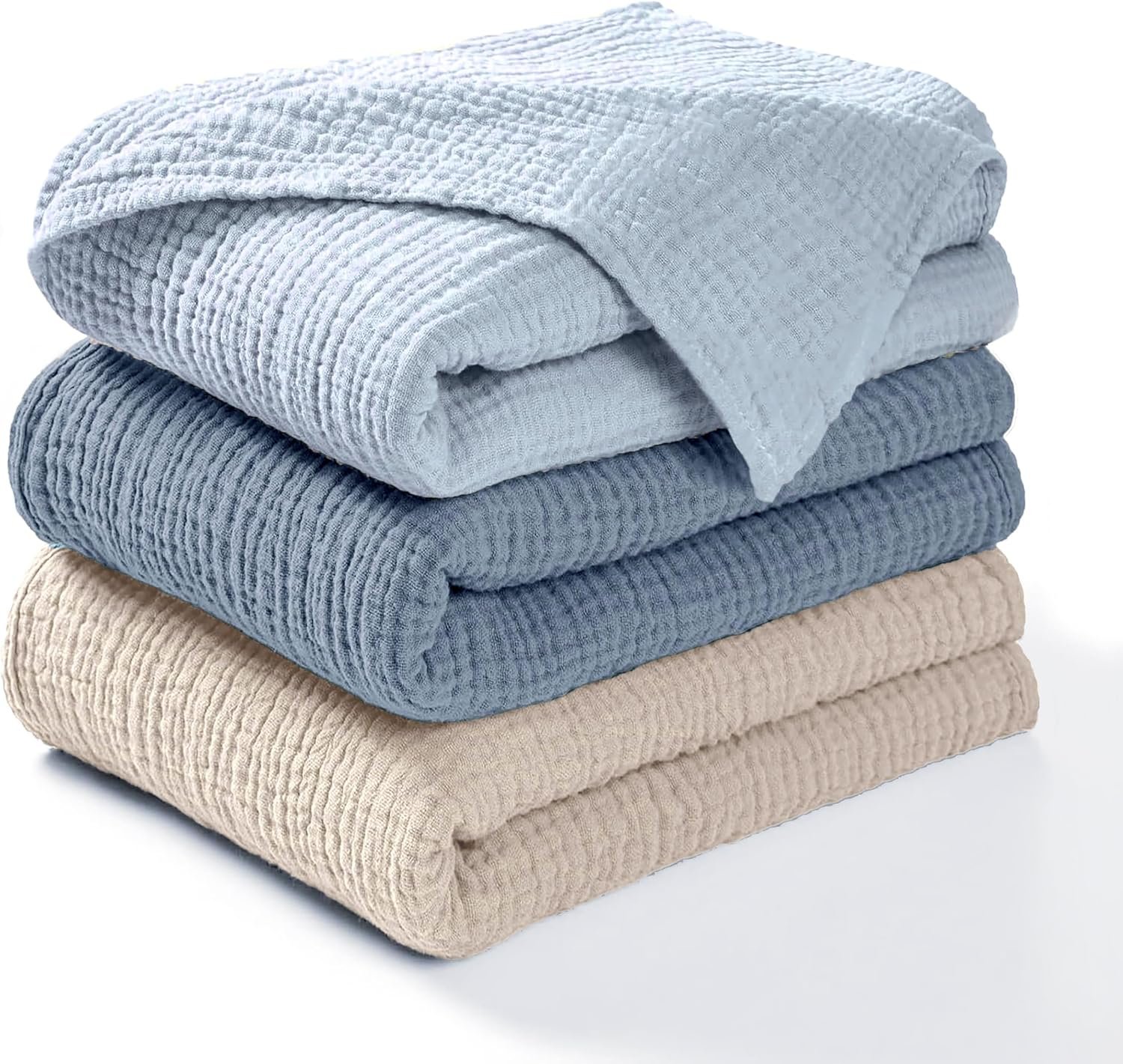 Dreamology Muslin Swaddle Blankets Boy,Girl,100% Cotton Swaddle Blankets,3 Pack,Receiving Blanket for Unisex, Soft, Breathable Swaddle Blanket,Large 44 x 44 inch Cotton Blanket | Blue,Light Blue,Ecru
