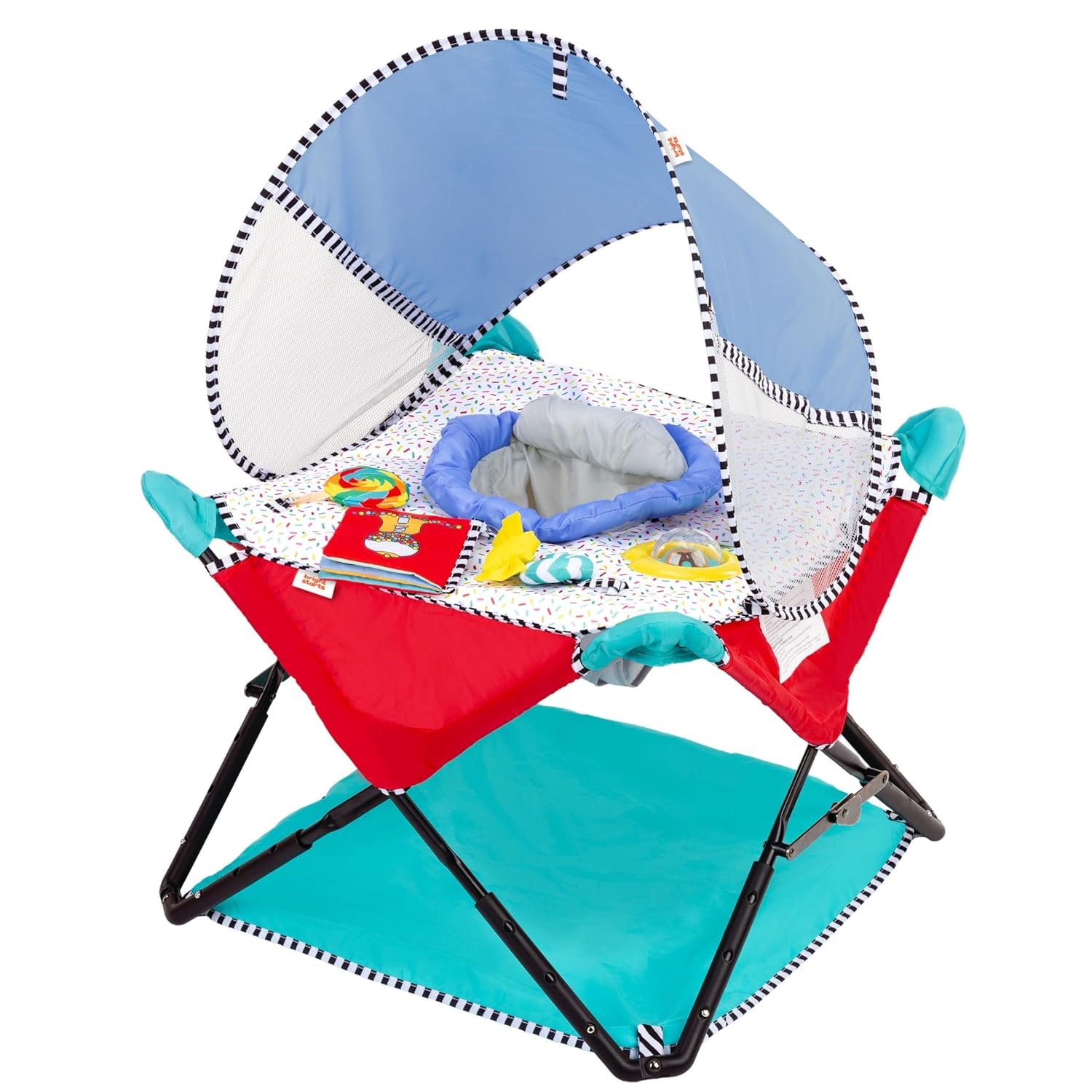 Bright Starts Pop ‘N Jump Portable Baby Jumper, Foldable Indoor/Outdoor Baby Jumper with Sweet Treats with Sensory Activities, Ages 6–12 Months