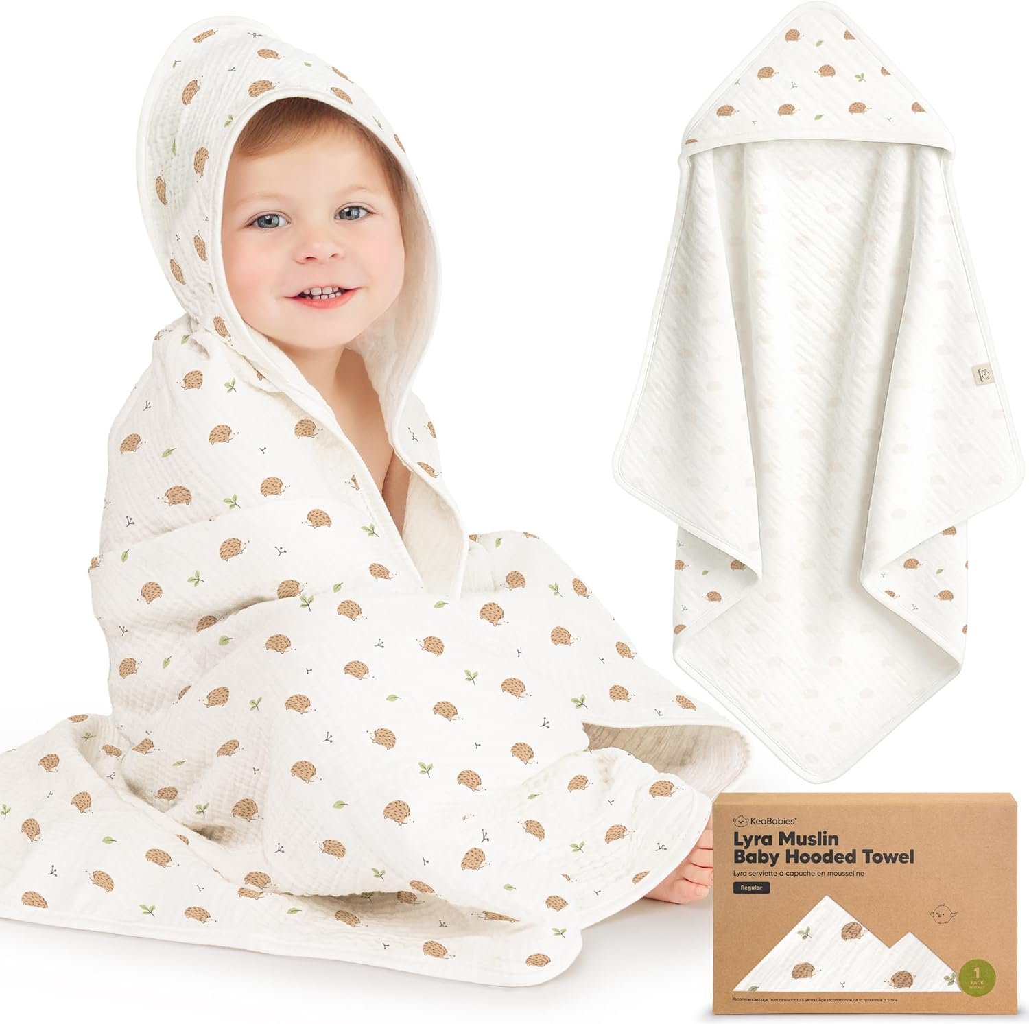 KeaBabies Muslin Baby Bath Towels with Hood for Girls, Boys -Large Organic Cotton Hooded Baby Towels for Newborns,Toddlers,Infant,Kids,Soft Absorbent Newborn Bath Essentials Gift Set(Bruce, Regular)