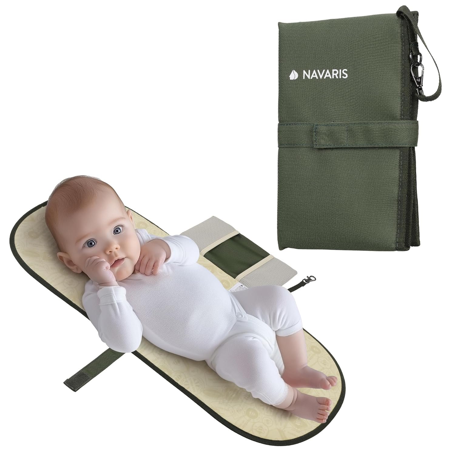 Navaris Baby Changing Mat Portable – Slim Lightweight & Foldable Baby Change Mat – Water Repellent Travel Changing Mat with Pockets – Folding Mat for Clean Diaper Changes – Olive