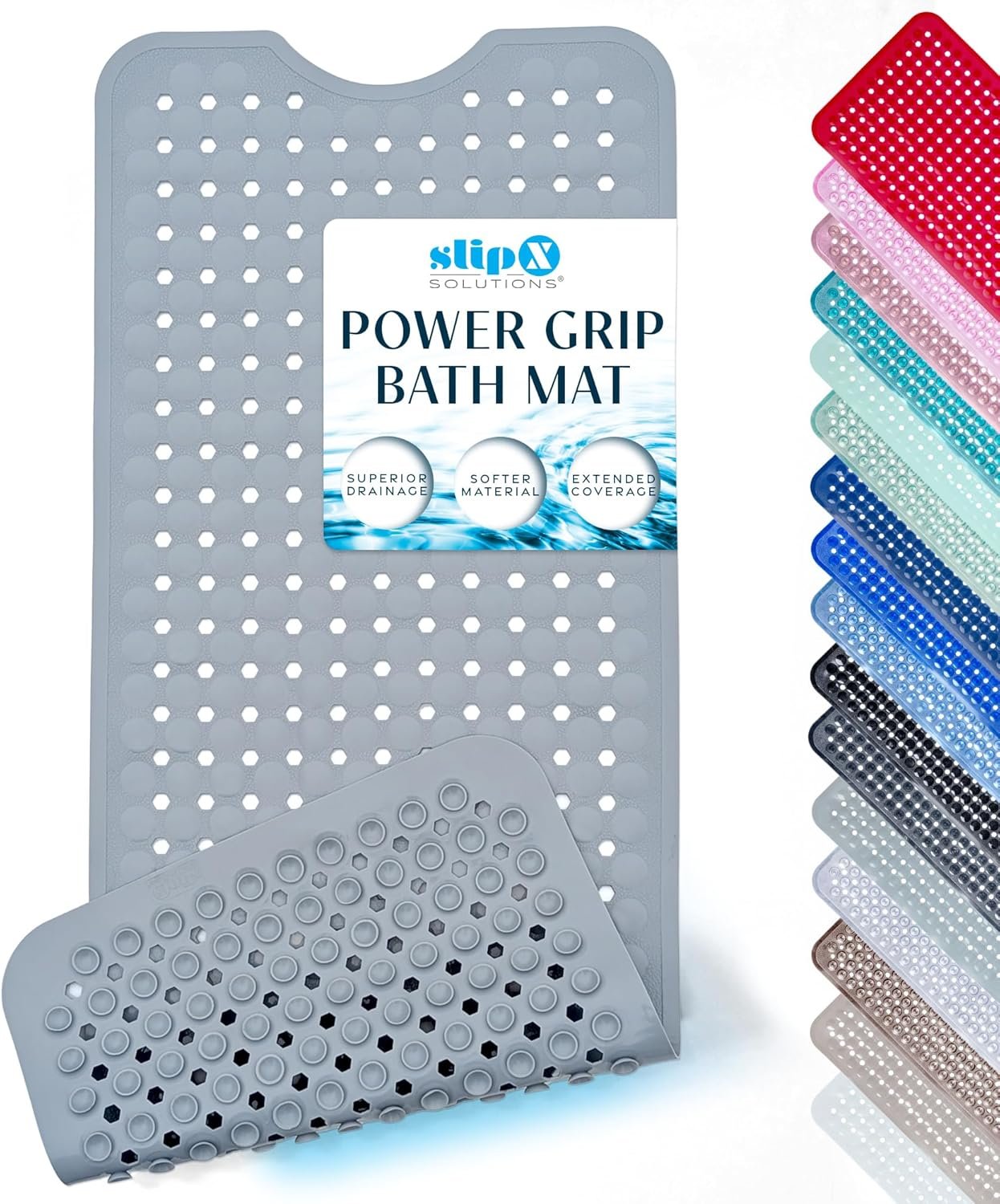 SlipX Solutions Power Grip Bathtub Safety Mat | Precision Grip Technology for Longer, Stronger, & Softer Wet Surface Protection | Solid Gray 39″x16″