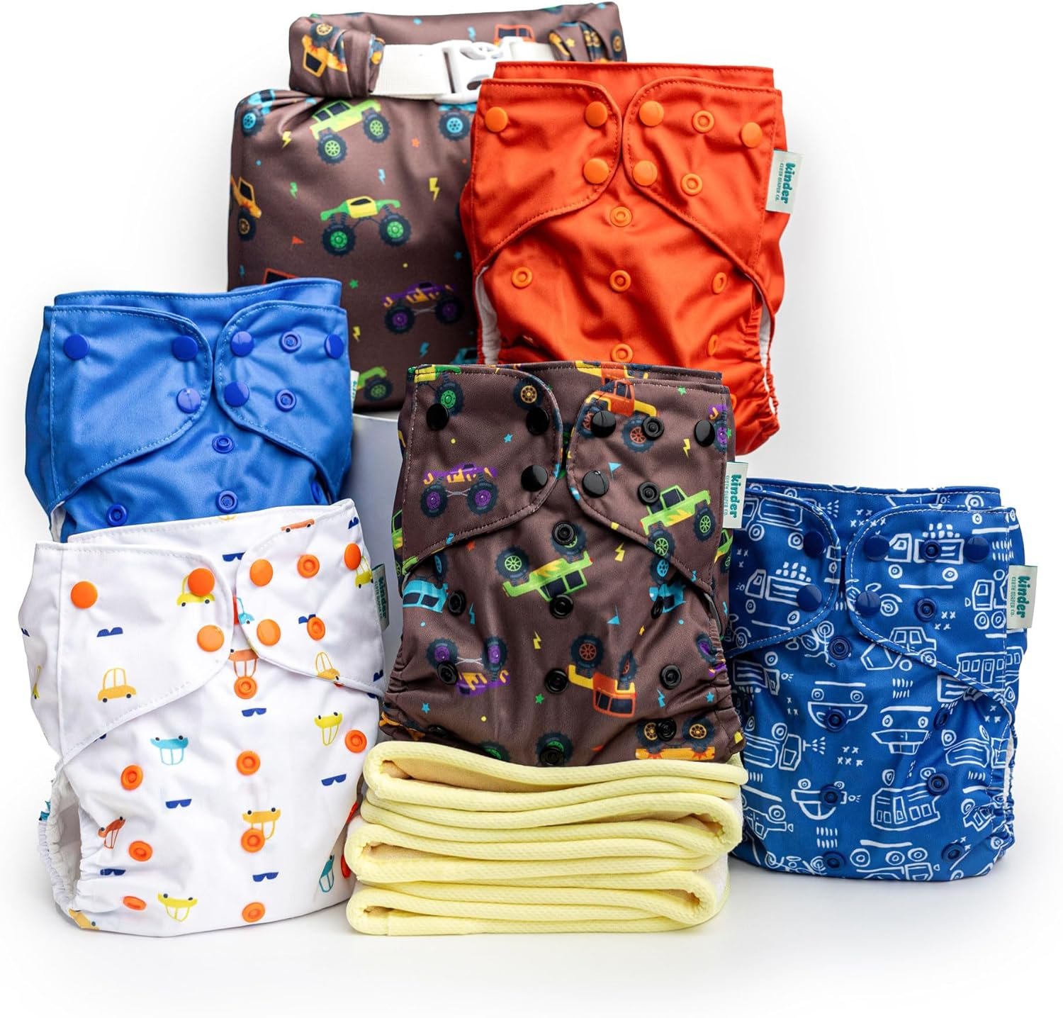 Kinder Cloth Diapers Set of 5 Reusable Baby Diapers Pocket Style Athletic Wicking Jersey, Bamboo Viscose Inserts, Wet Bag, Newborn to Potty Training 7-60lbs, One Size (Let’s Go)