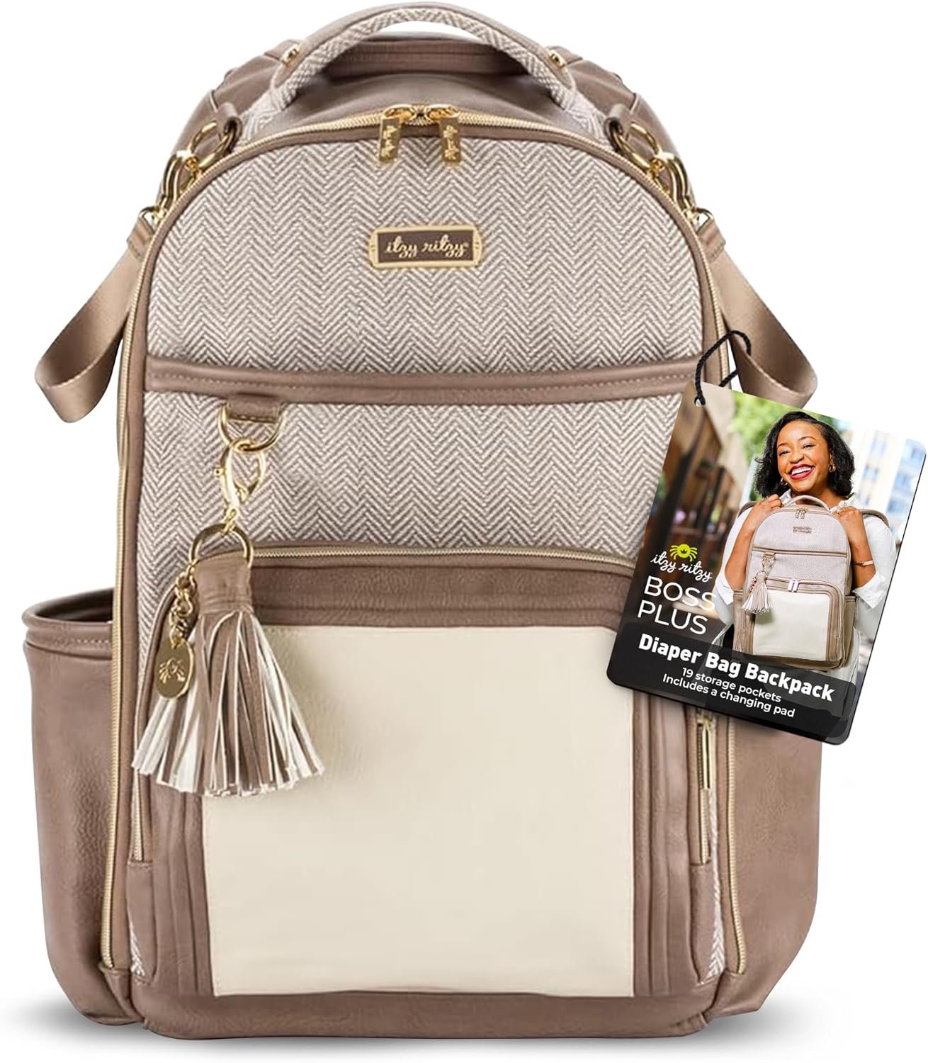 Itzy Ritzy Diaper Bag Backpack – Large Capacity Boss Plus Baby Backpack Diaper Bag Featuring 19 Pockets, Changing Pad, Stroller Clips, and Comfortable Straps (Vanilla Latte)