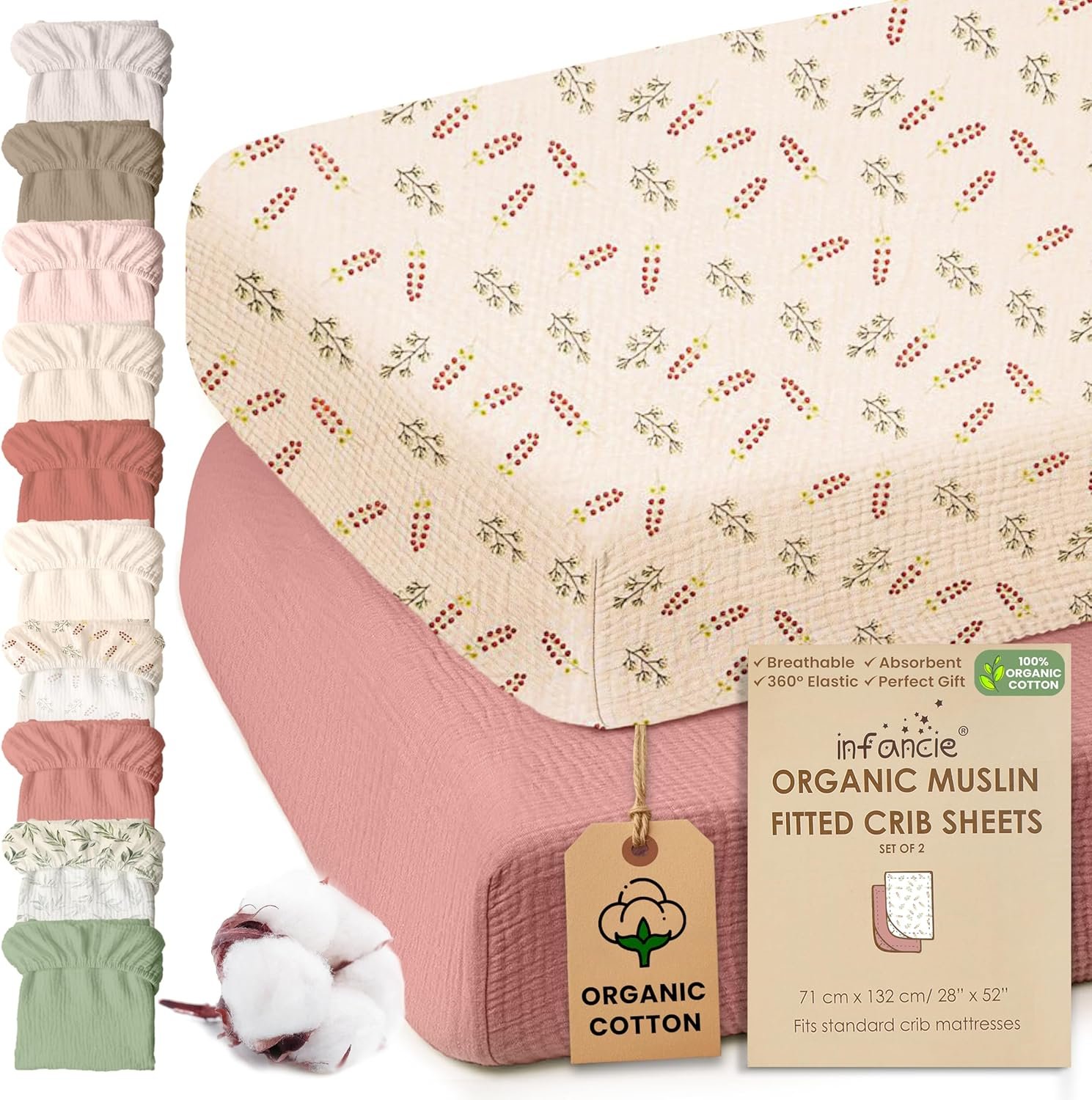 100% Organic Cotton Muslin Crib Sheets (Set of 2) – Soft & Breathable Fitted Sheets for Boys and Girls, Neutral Colors – Fits Standard Baby Crib Mattress (28 x 52 Inches) Rust/Floral