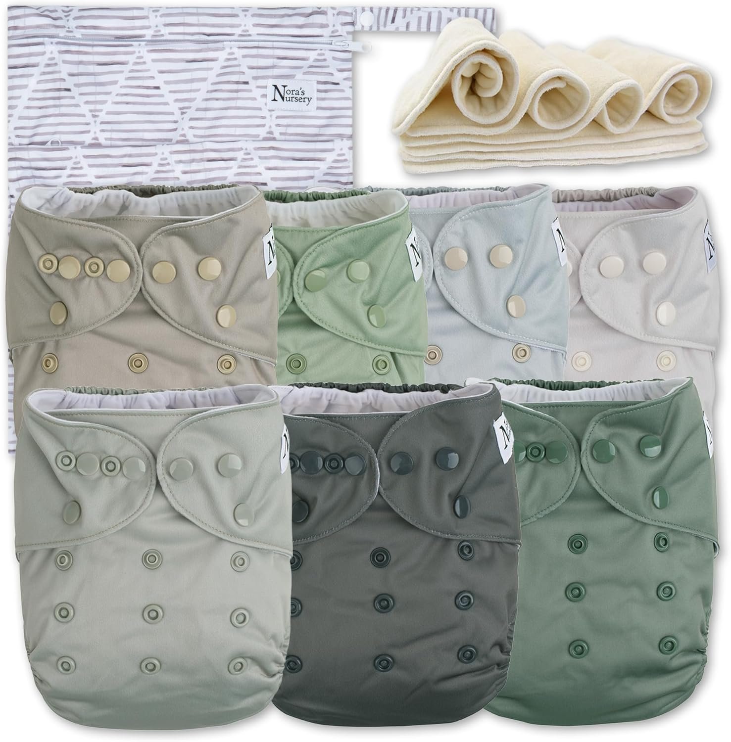 Nora’s Nursery Morning Dew Cloth Diapers 7 Pack with 7 Inserts & 1 Wet Bag – Waterproof Cover, Washable, Reusable & One Size Adjustable Pocket Diapers for Newborns and Toddlers