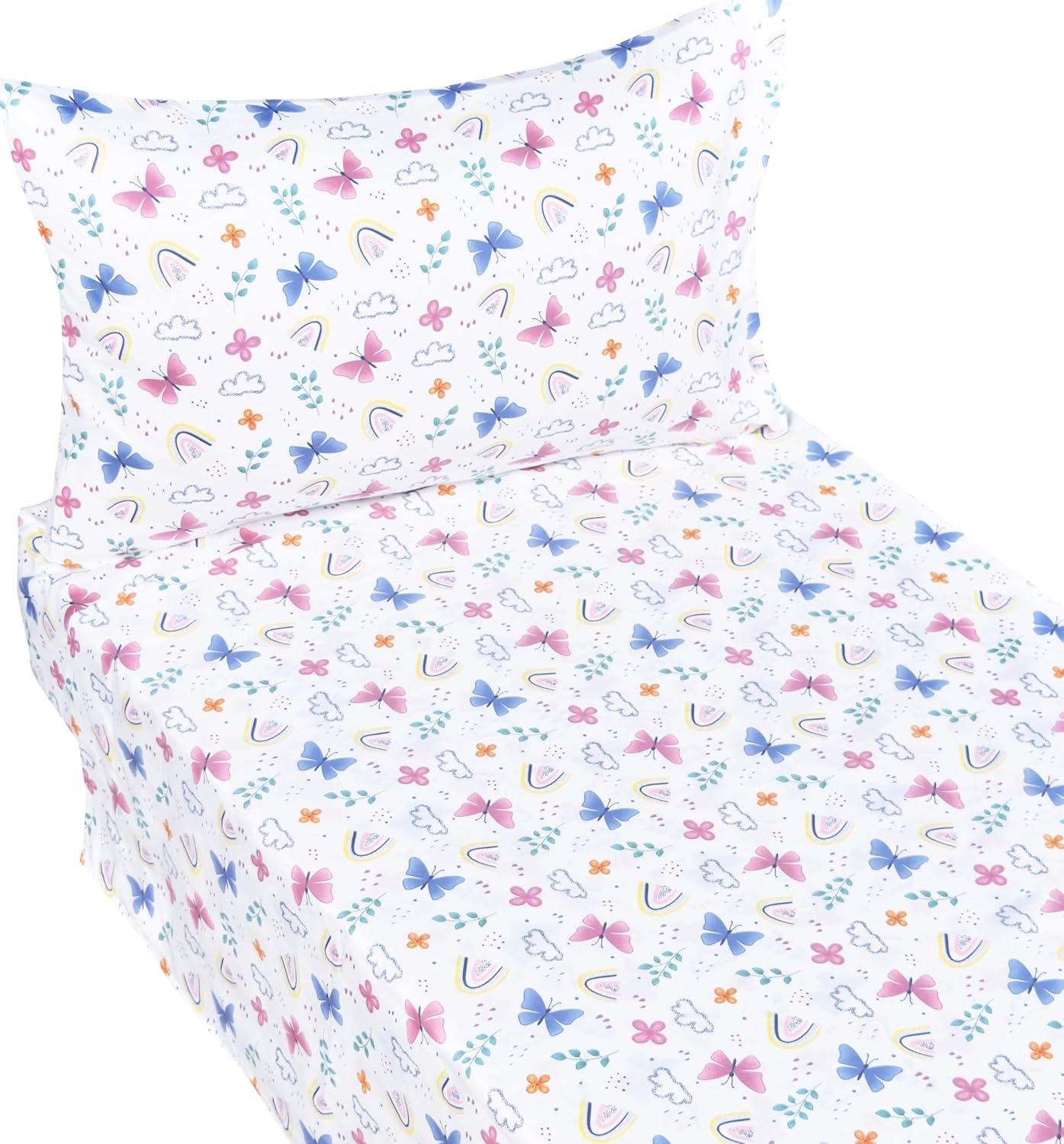 J-pinno Butterfly Rainbow 100% Percale Cotton 3 Pieces Crib Sheet Set for Toddler Boys Girls, Flat Sheet Fitted Sheet and Pillowcase, Cozy Breathable Unisex Nursery School Cartoon Bedding Set