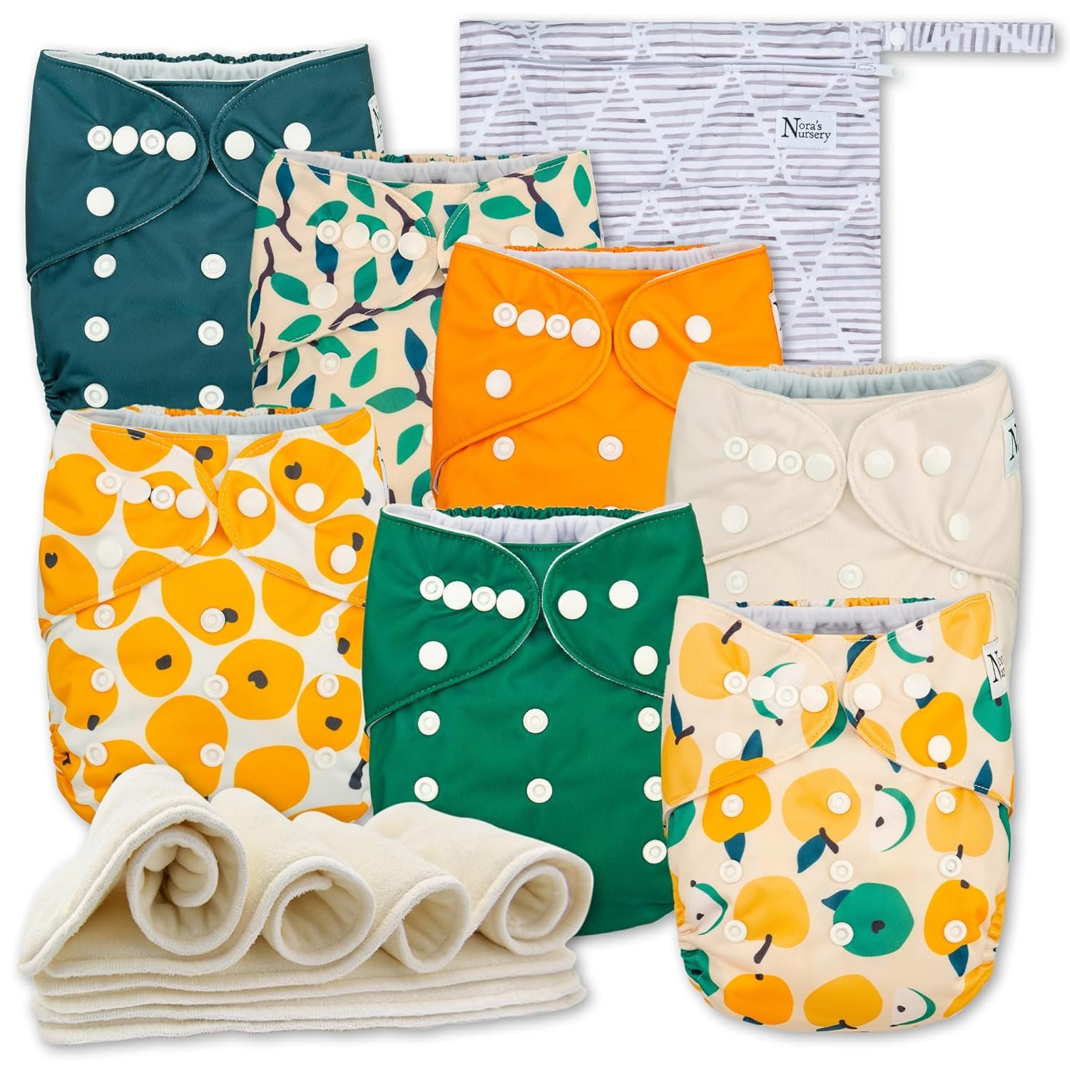 Nora’s Nursery Cloth Diapers 7 Pack with 7 Inserts & 1 Wet Bag – Waterproof Cover, Washable, Reusable & One Size Adjustable Pocket Diapers for Newborns and Toddlers – PearFect