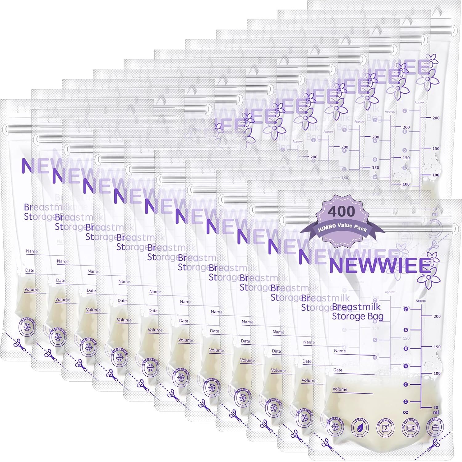 Newwiee 400 Count Breastmilk Storage Bags 7 oz Leak Proof Double Zipper Seal Breast Milk Storing Bags Self Standing Breast Milk Storage Containers for Breastfeeding Refrigerator or Freezer