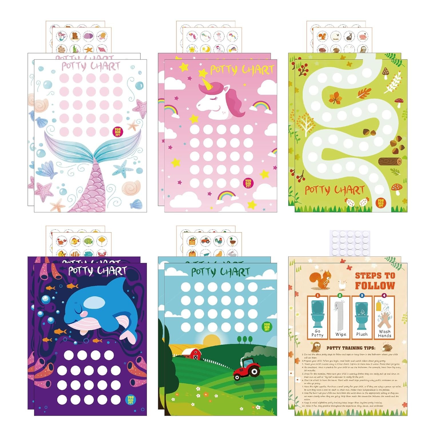 Adullpony Potty Training Chart Potty Training Sticker Chart – 5 Fun Styles Potty Sticker Chart with Rewards for Toddlers Girls, Motivational Potty Training Rewards for Kids