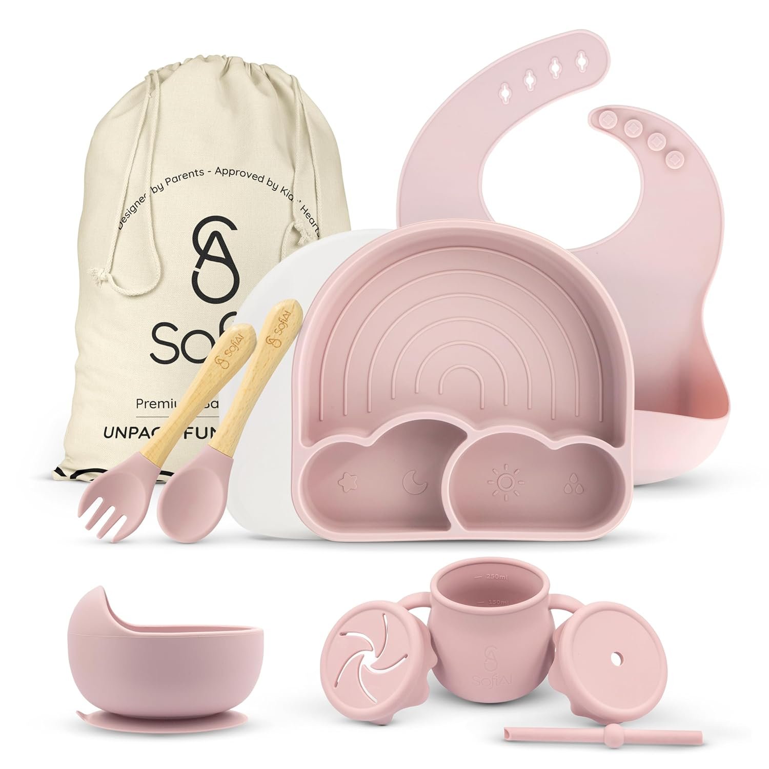 BPA-Free Non-Toxic Silicone Baby Feeding Set – Suction Plate, Bowl, Bib & Cup – 11-Piece Baby Led Weaning Set for Ages 6-18 Months – Eco Gift Bag (Rose Pink)