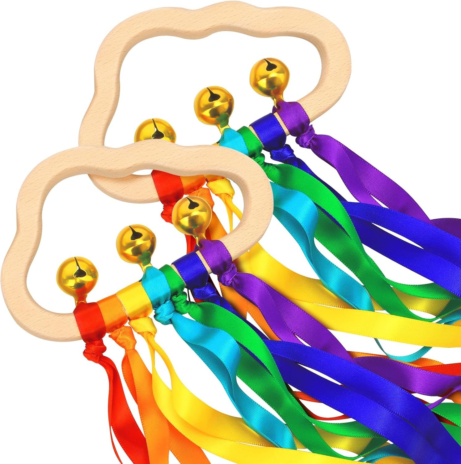 Baby Sensory Wooden Rattle Toys – 2PCS Rainbow Ribbon Rattles Ring Toy for Babies 0-6 Months, Wood Baby Montessori Toys with Bells for 0-12 Months Newborns Infants Toddlers Boy Girl as Shower Gifts