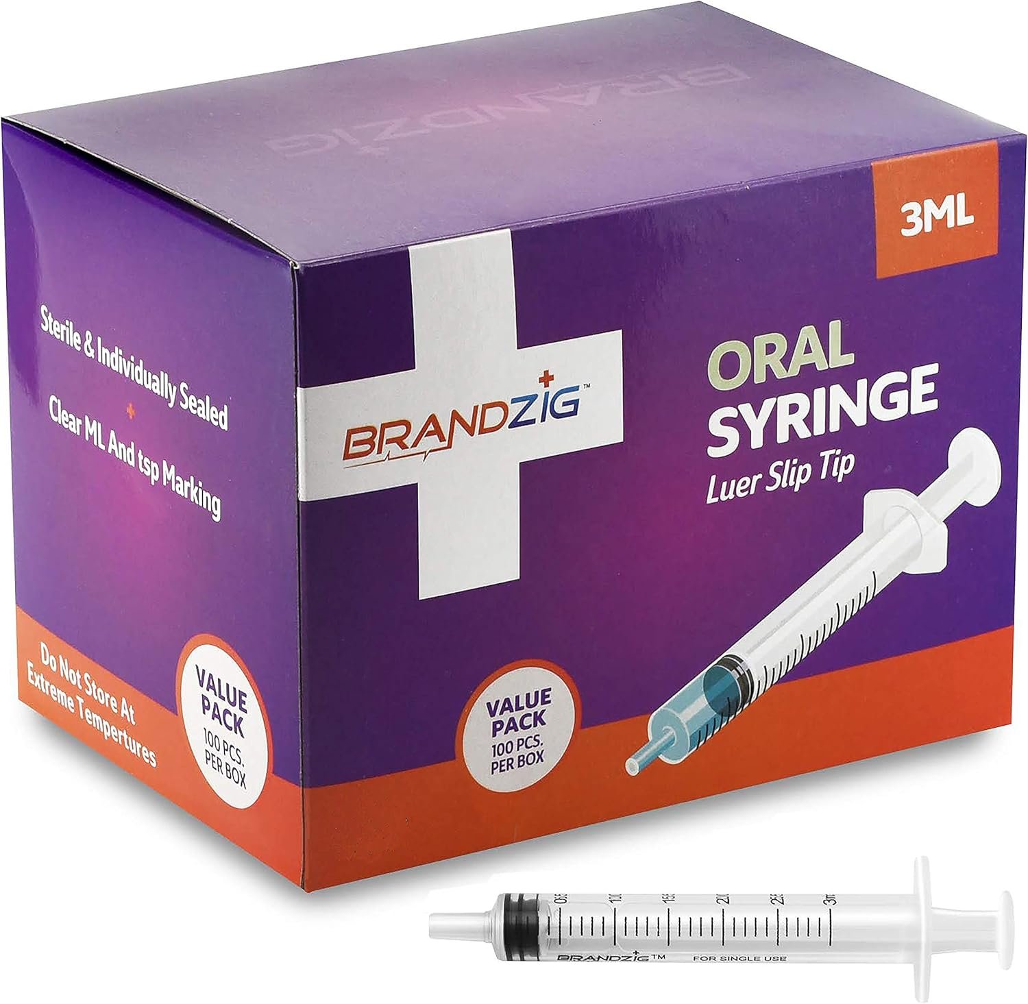 Brandzig 3ml Syringe – 100 Pack – Luer Slip Tip, No Needle, Individually Blister Packed – Medicine Administration for Infants, Toddlers and Small Pets
