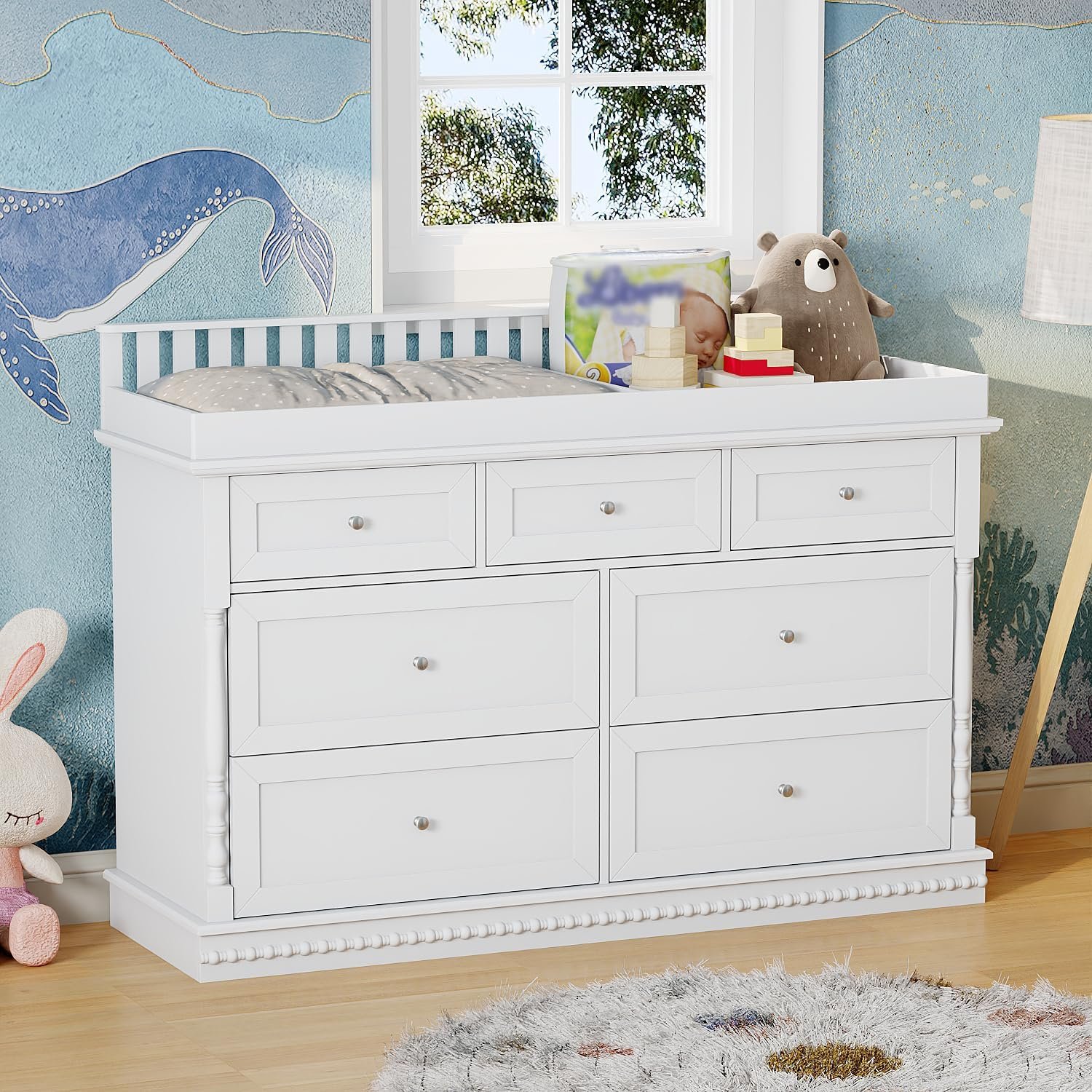 Timechee 56.5″ Baby Dresser with Removable Changing Table Top, Large White Dresser for Nursery with 7 Storage Drawers, Baby Changing Table, Modern Diaper Nursery Dressers Station for Kids Bedroom