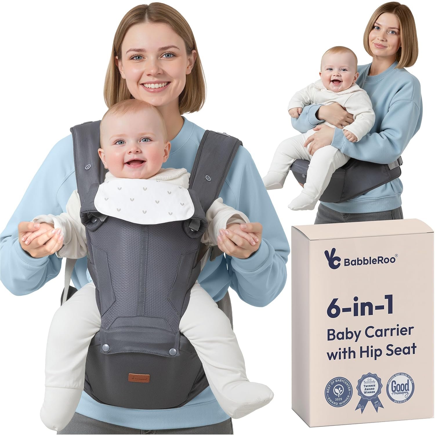 BabbleRoo 6-in-1 Baby Carrier with Hip Seat, Ergonomic Newborn to Toddler Carrier 7–50 lbs, Front Back Hip Carry, Lumbar Support, Sun Hood, Safety-Certified, Gray