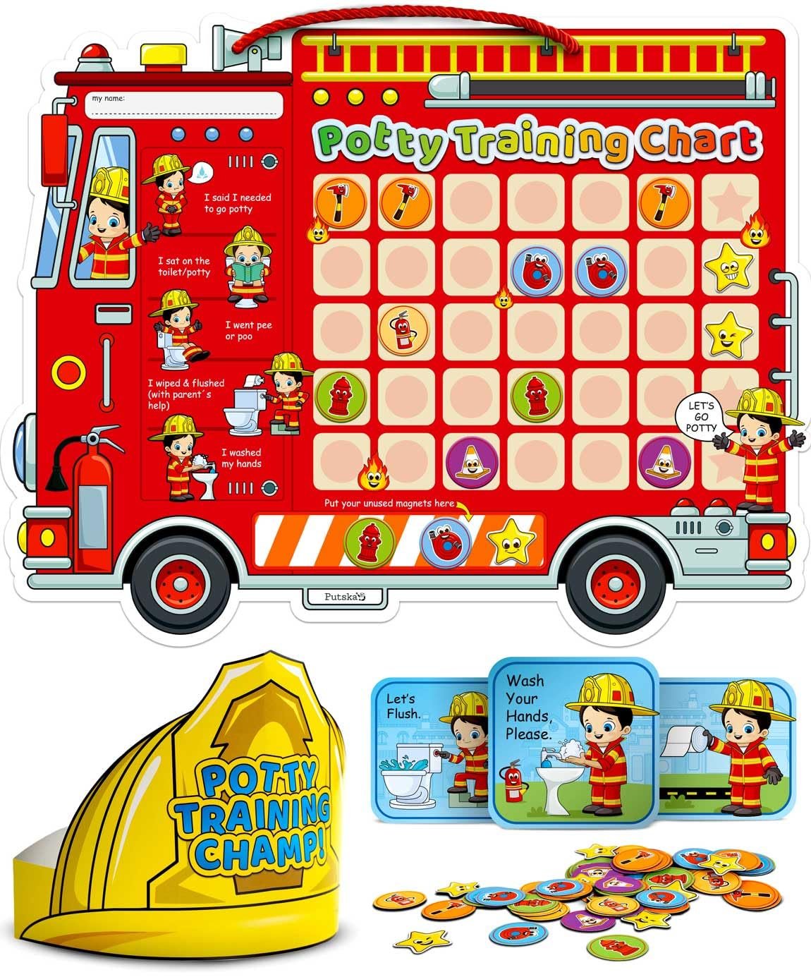 Potty Training Chart with 35 Stickers, 3 Reminder Stickers and Crown for Toddlers Boys and Girls – Potty Training Rewards for Kids – Fireman