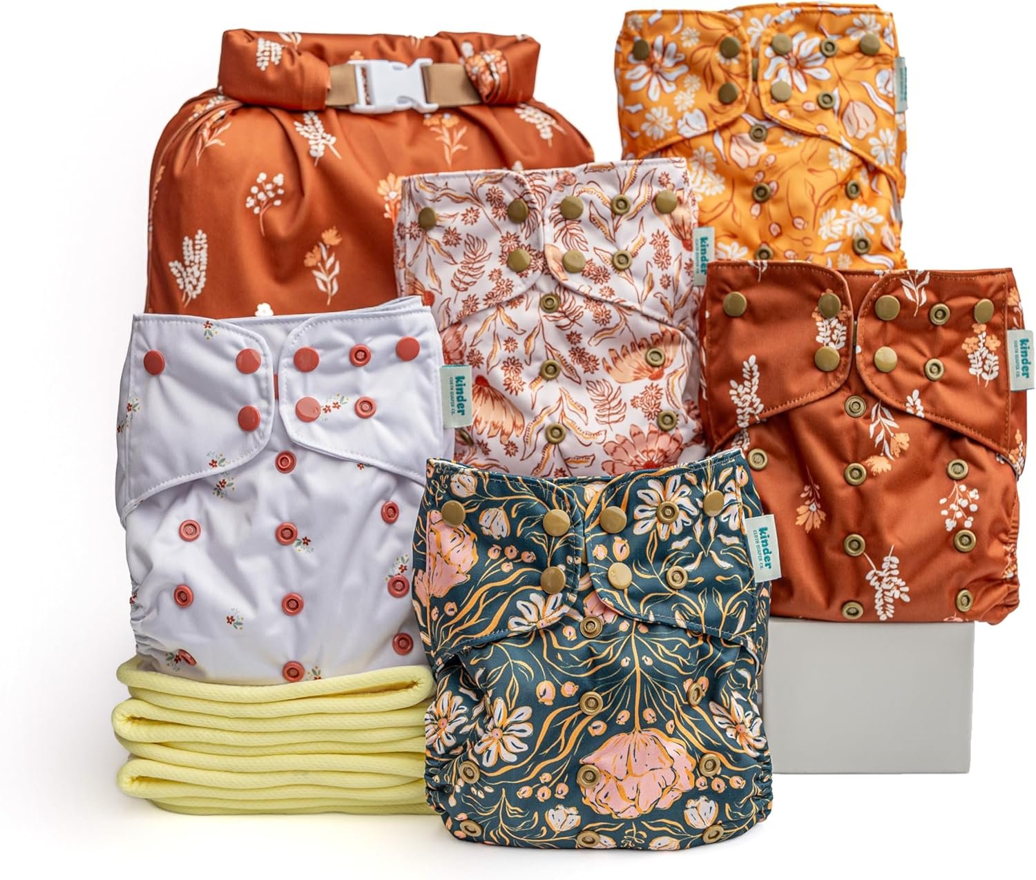 Kinder Cloth Diapers Reusable Baby Diapers Pocket Style Athletic Wicking Jersey, Bamboo Viscose Inserts, Wet Bag, Newborn to Potty Training 7-60lbs, One Size (Boho Florals, 5 Pack, with Inserts)