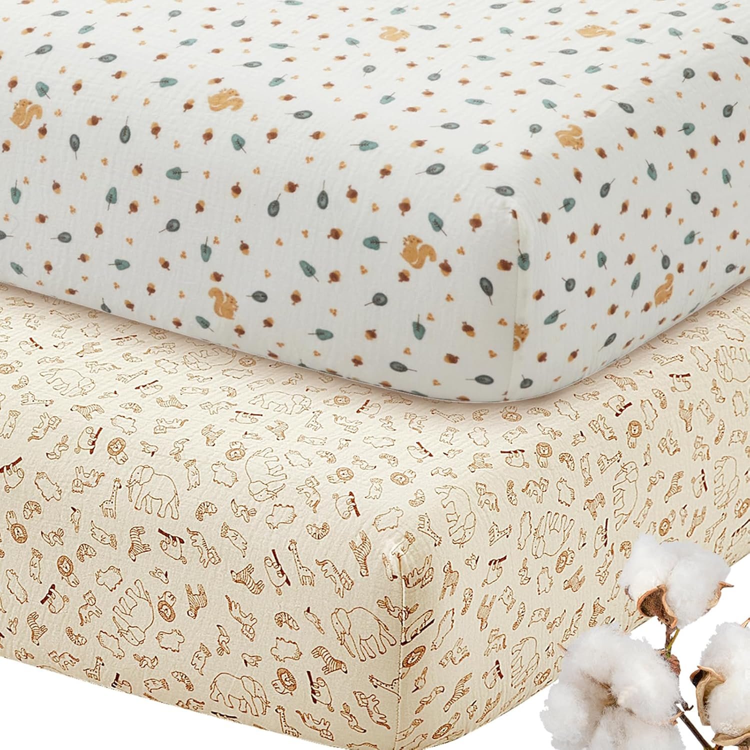 SiinvdaBZX 2 Pcs Muslin Crib Sheets Neutral, Ultra Soft Cotton Breathable Fitted Baby Crib Mattress Sheets for 52″x28″ Standard Toddler Mattress (Animals + Acorn)
