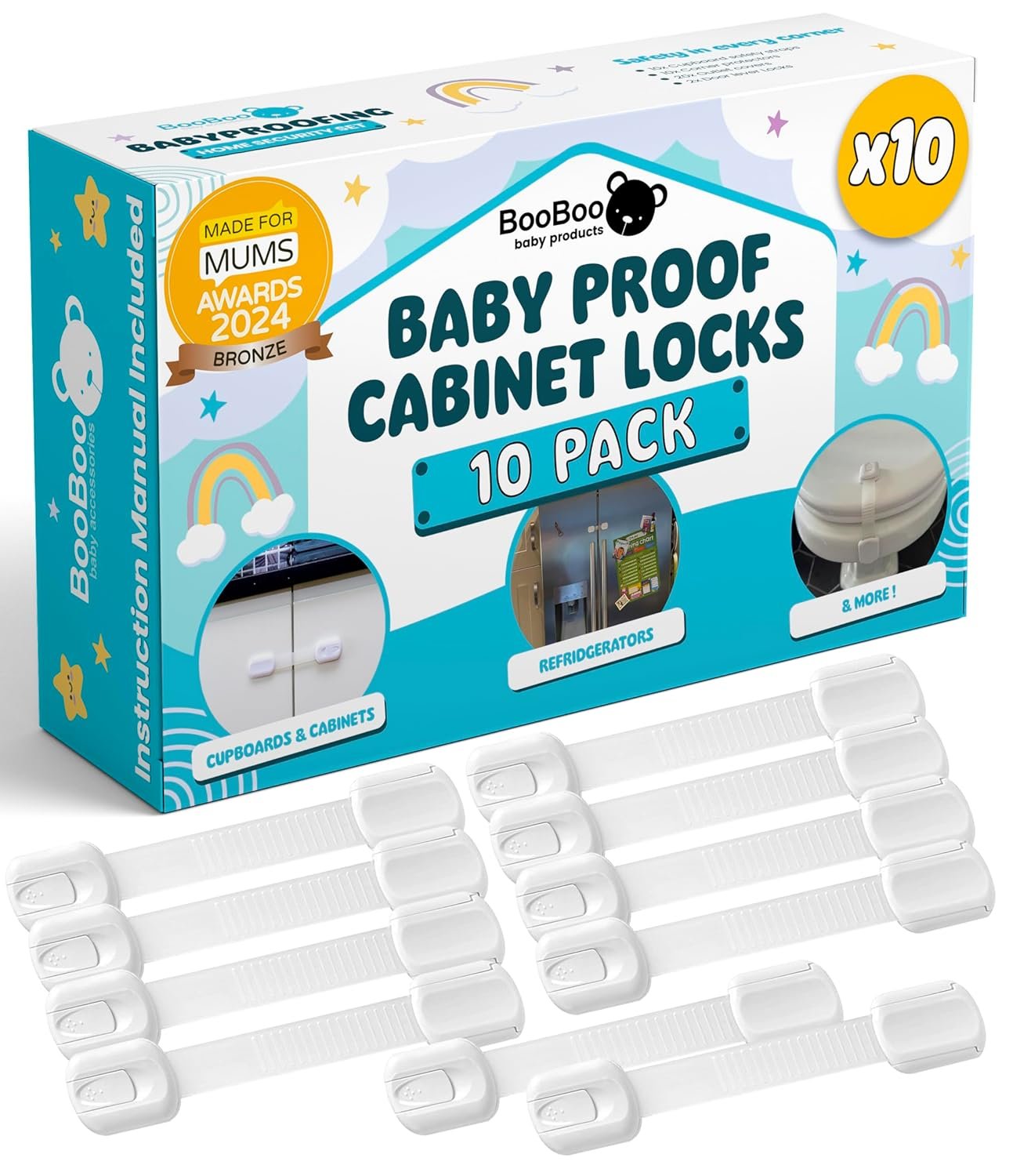 Booboo Baby 10 Pack Cabinet Locks Baby Proofing – Child Proof Cabinet Locks for Drawers, Fridge, Toilet Seats – Adjustable Cupboard Lock for Children with 3M Adhesive – Easy to Install No Tools Needed