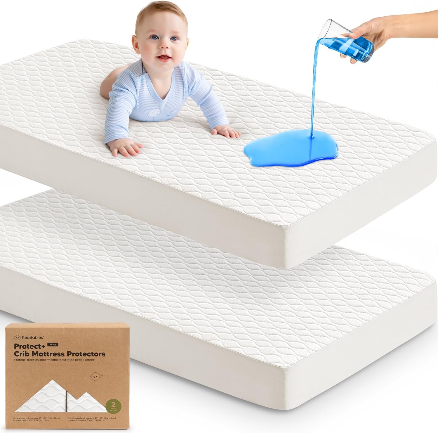 2-Pack Waterproof Crib Mattress Protector Cover Fitted – Quiet Baby Crib Mattress Pad Sheets, 52″ x 28″ Soft Quilted Cotton Baby Sheet, Machine Washable, Easy Fit, Durable (Soft White/Mavy)