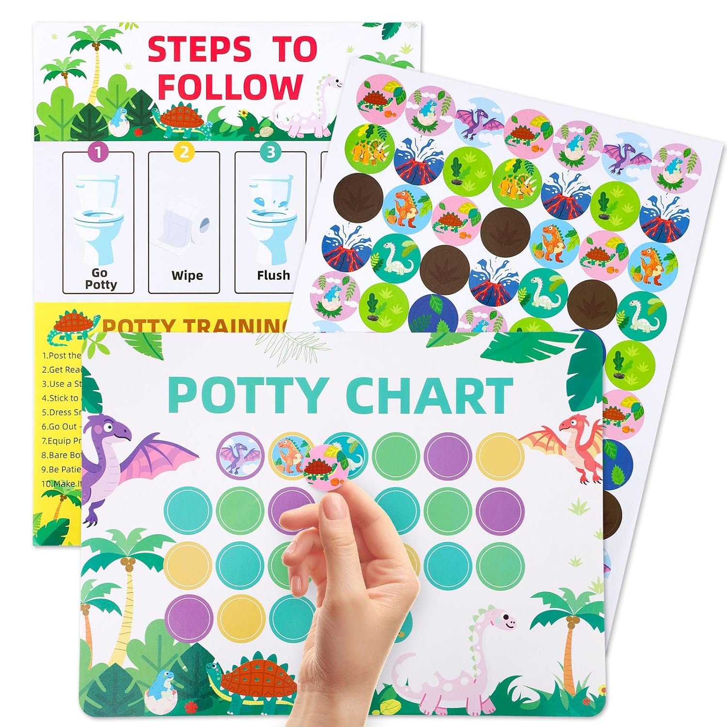 8pcs Potty Training Chart with Reward Stickers, 28.5x21cm/11.2×8.3in Cute Toilet Training Reward Charts for Boys Kids Toddlers Potty Success Motivation (Dinosaur Style)