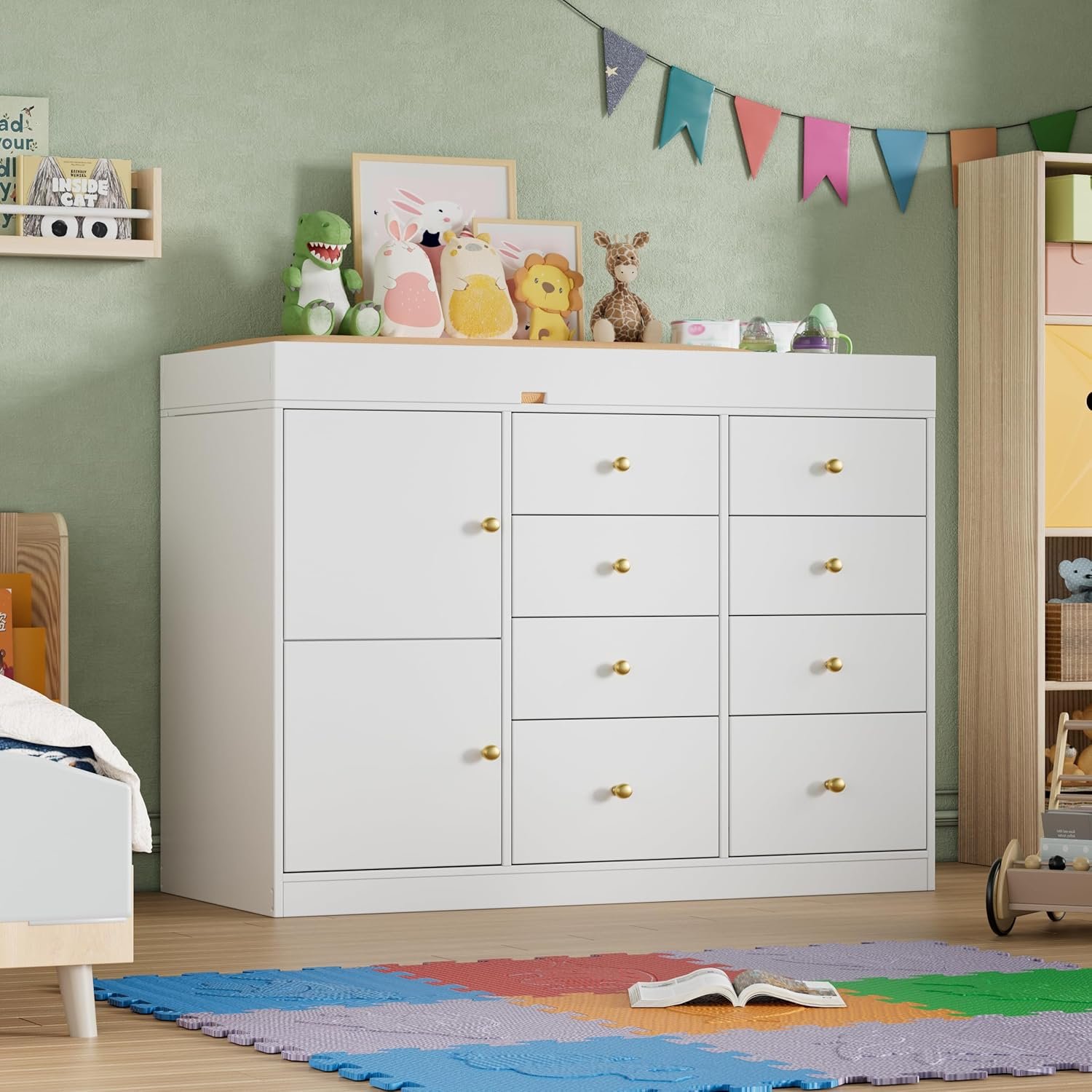 PAKASEPT Changing Table Dresser, Baby Classic Nursery Dresser with 8 Drawers and 2 Cabinet, Multi-Functional Baby Changing Table, Diaper Changing Station for Children’s Room
