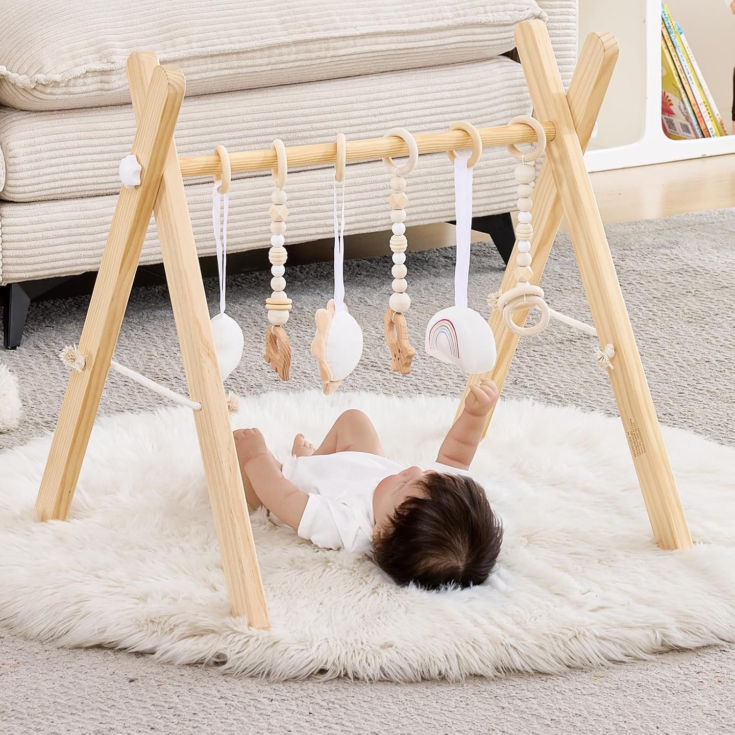 Foldable Wooden Baby Play Gym, Activity Center with 6 Sensory Hanging Toys Natural Wood Montessori Toys for Babies Indoor Gym, No-Tool Assembly Newborn for Infant Motor Development