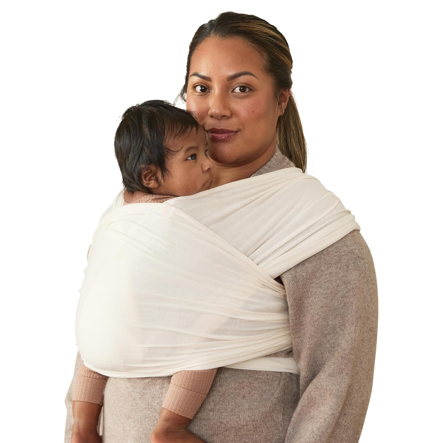 Ergobaby Aura Baby Wrap Carrier for Newborn 0-12 Months (8-25 lbs) – Soft Stretchy Infant Wrap Carrier with Hip-Healthy Positioning, Pre-Tied Design – Cream