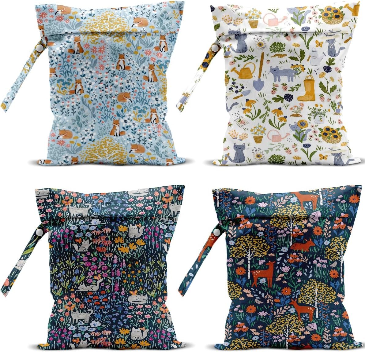 4 Pack Cute Wet Bag Waterproof Washable Reusable Wet Dry Bag for Swimsuit Dirty Clothes Diaper Travel Beach Pool Birthday Camping Toiletries Beach Essentials，Botanical Gardening Forest Fox Cat Deer