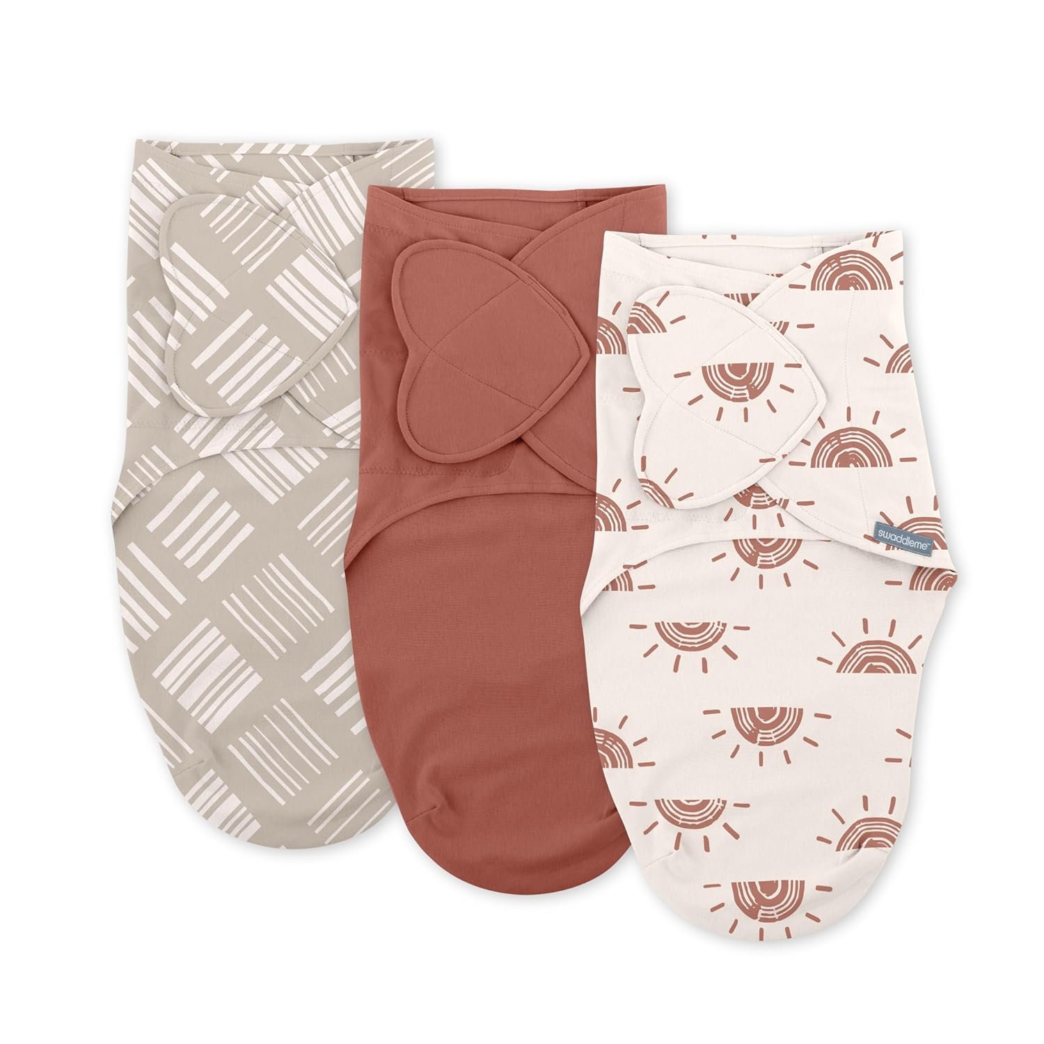 SwaddleMe by Ingenuity Monogram Collection Baby Swaddle, 100% Cotton, Improves Sleep & Calms Startle Reflex, 0-3 Months, Pocket Fold Design for Easy Changes, 1.0 TOG, 3-Pack – Rising Sun